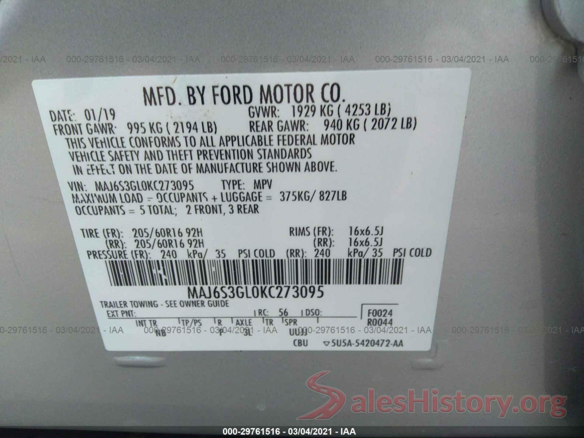 MAJ6S3GL0KC273095 2019 FORD ECOSPORT