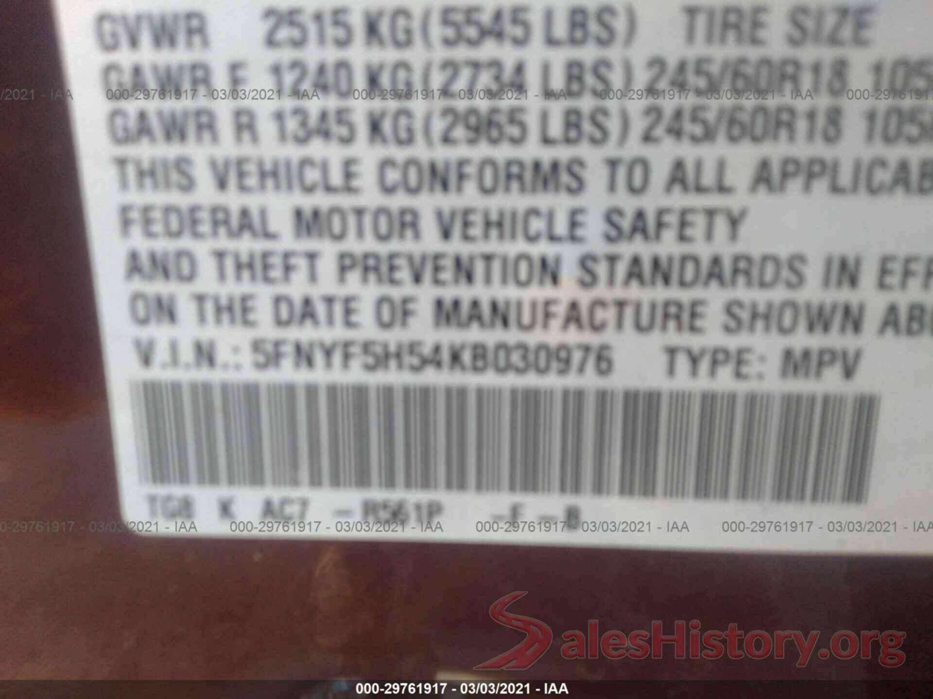 5FNYF5H54KB030976 2019 HONDA PILOT