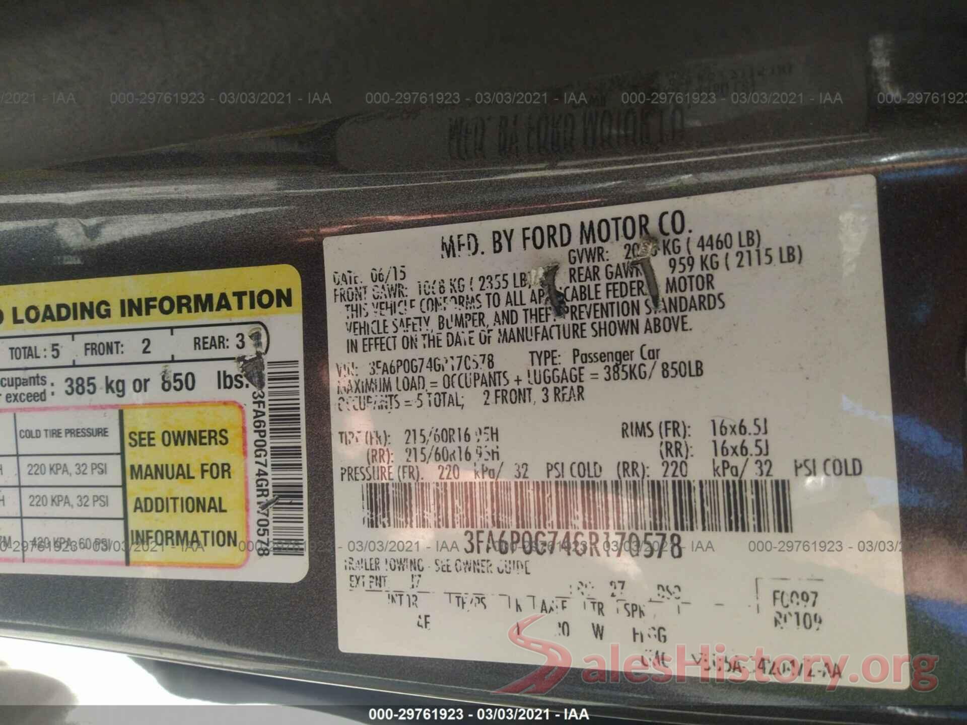 3FA6P0G74GR170578 2016 FORD FUSION