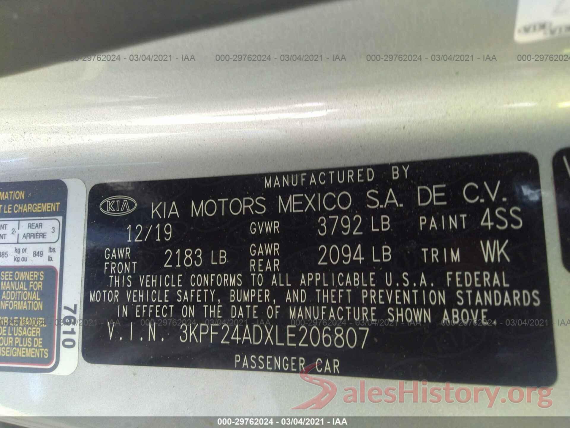 3KPF24ADXLE206807 2020 KIA FORTE