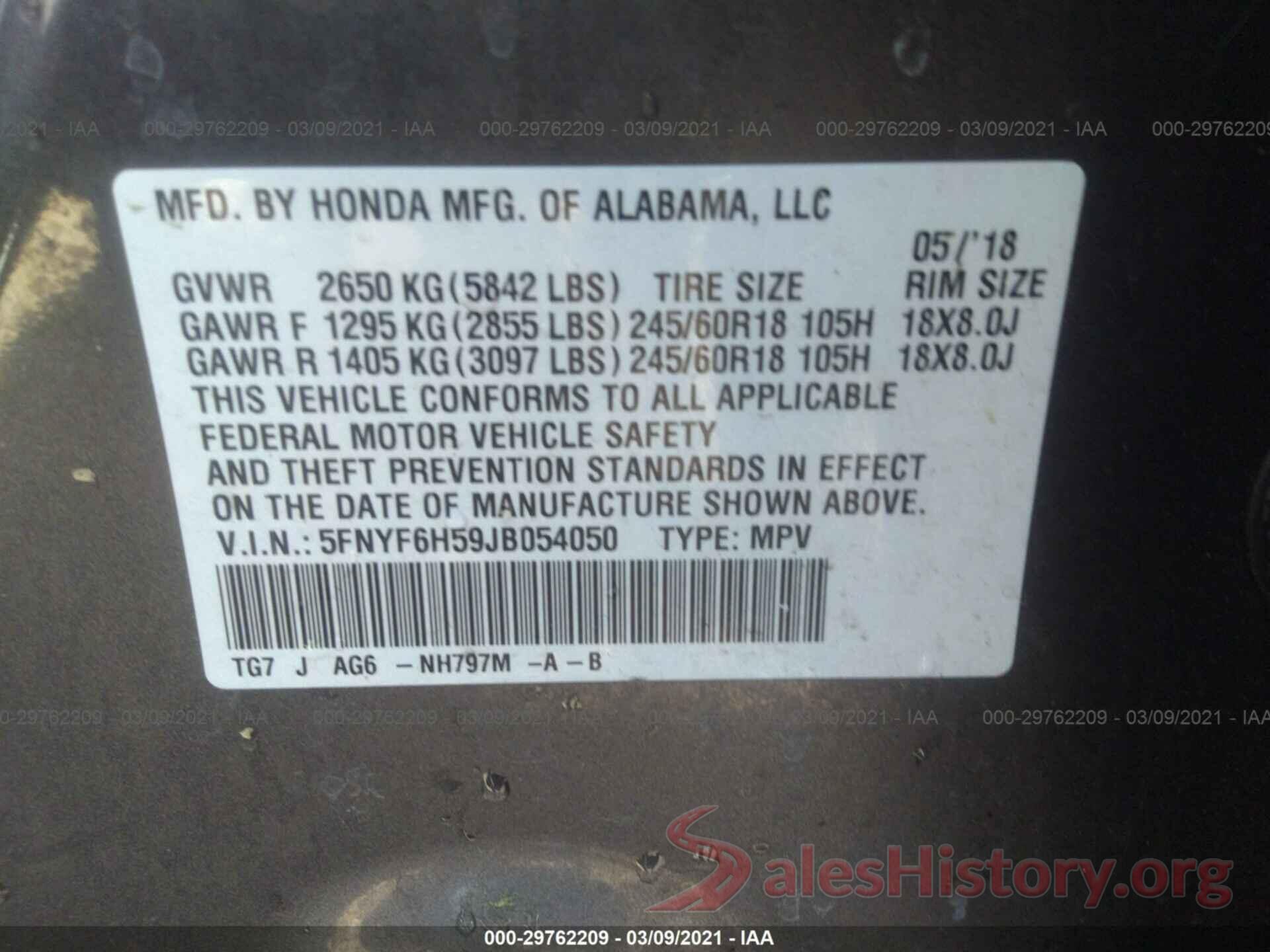 5FNYF6H59JB054050 2018 HONDA PILOT