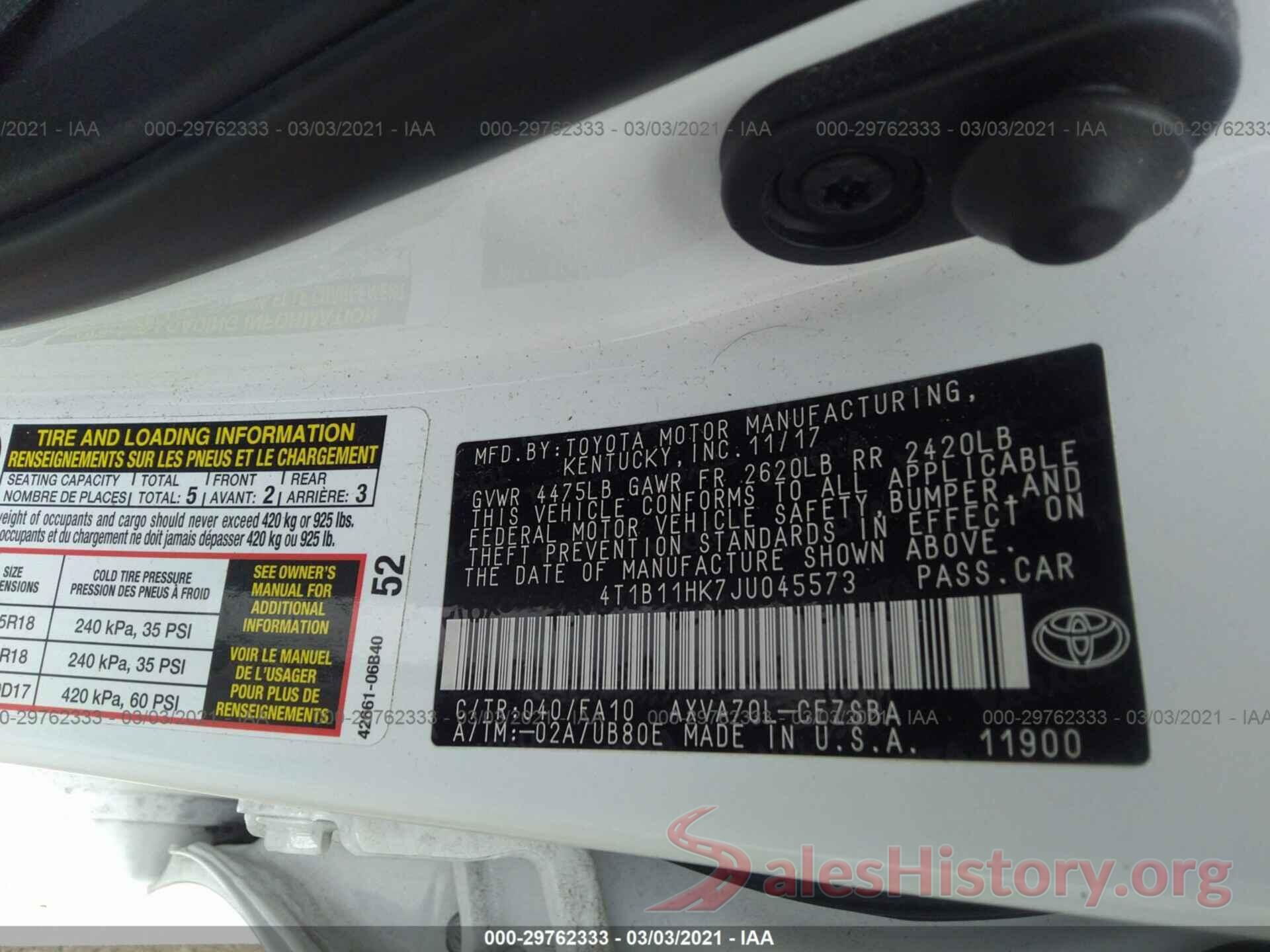 4T1B11HK7JU045573 2018 TOYOTA CAMRY