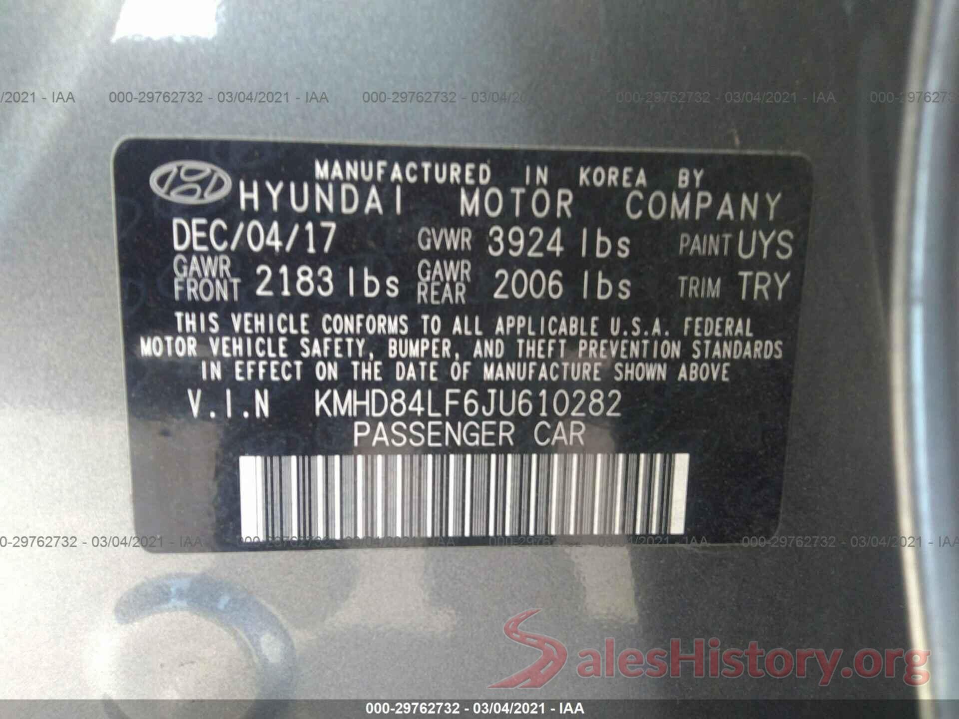 KMHD84LF6JU610282 2018 HYUNDAI ELANTRA