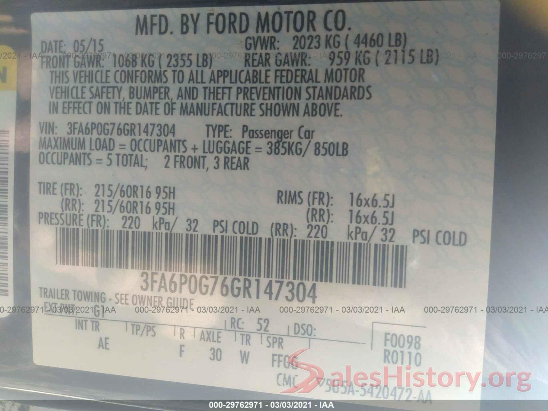 3FA6P0G76GR147304 2016 FORD FUSION