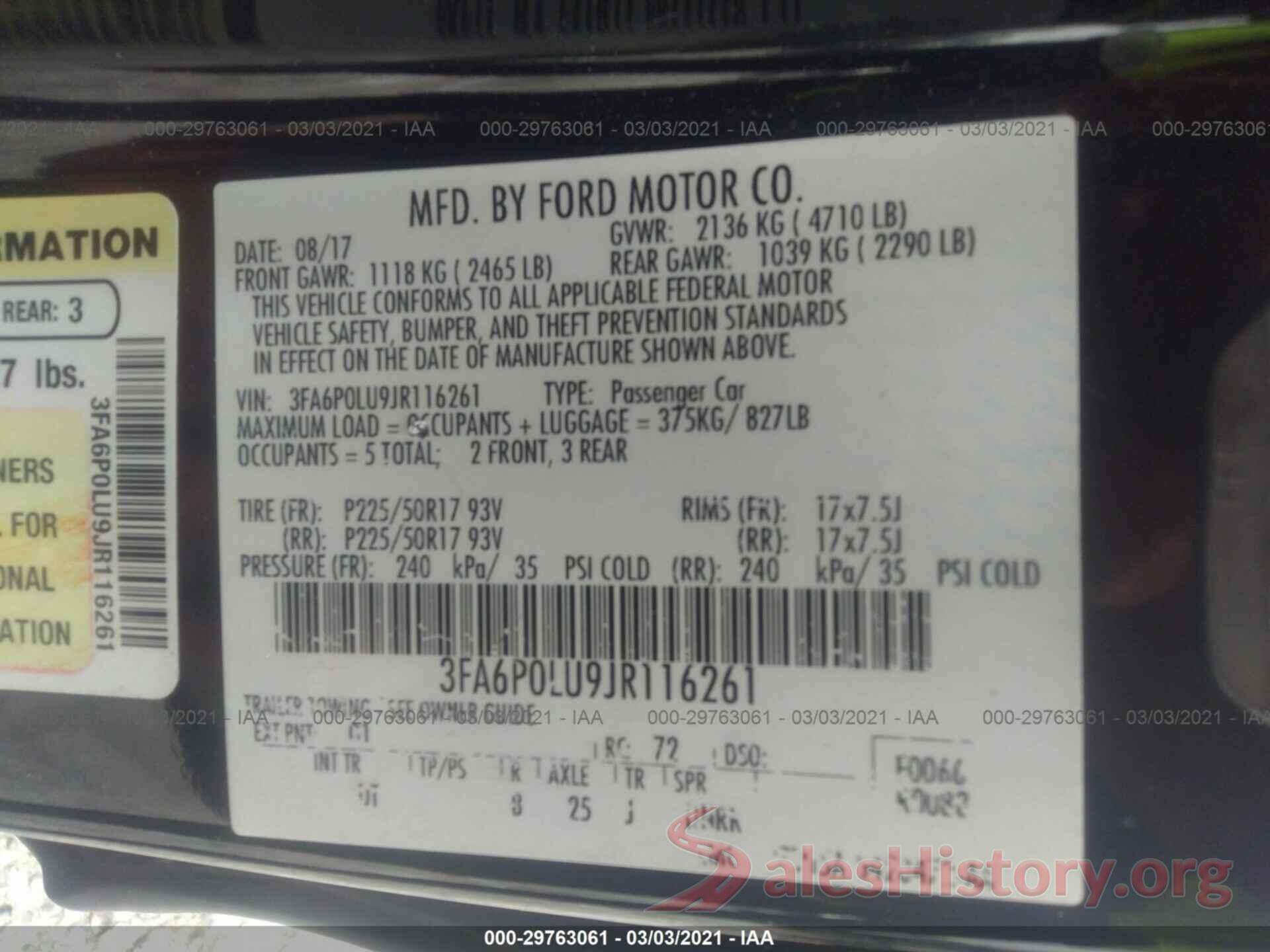 3FA6P0LU9JR116261 2018 FORD FUSION HYBRID