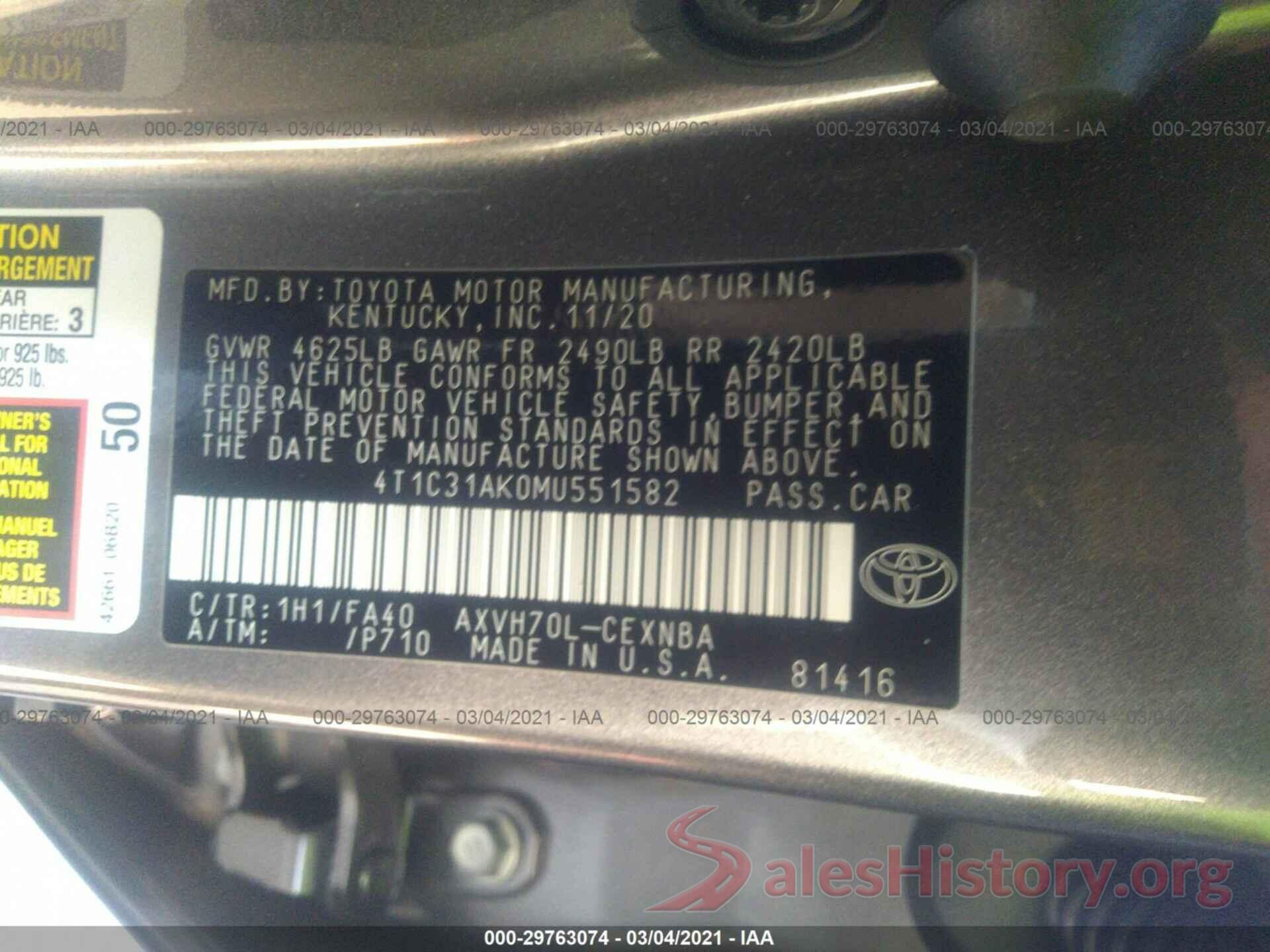 4T1C31AK0MU551582 2021 TOYOTA CAMRY