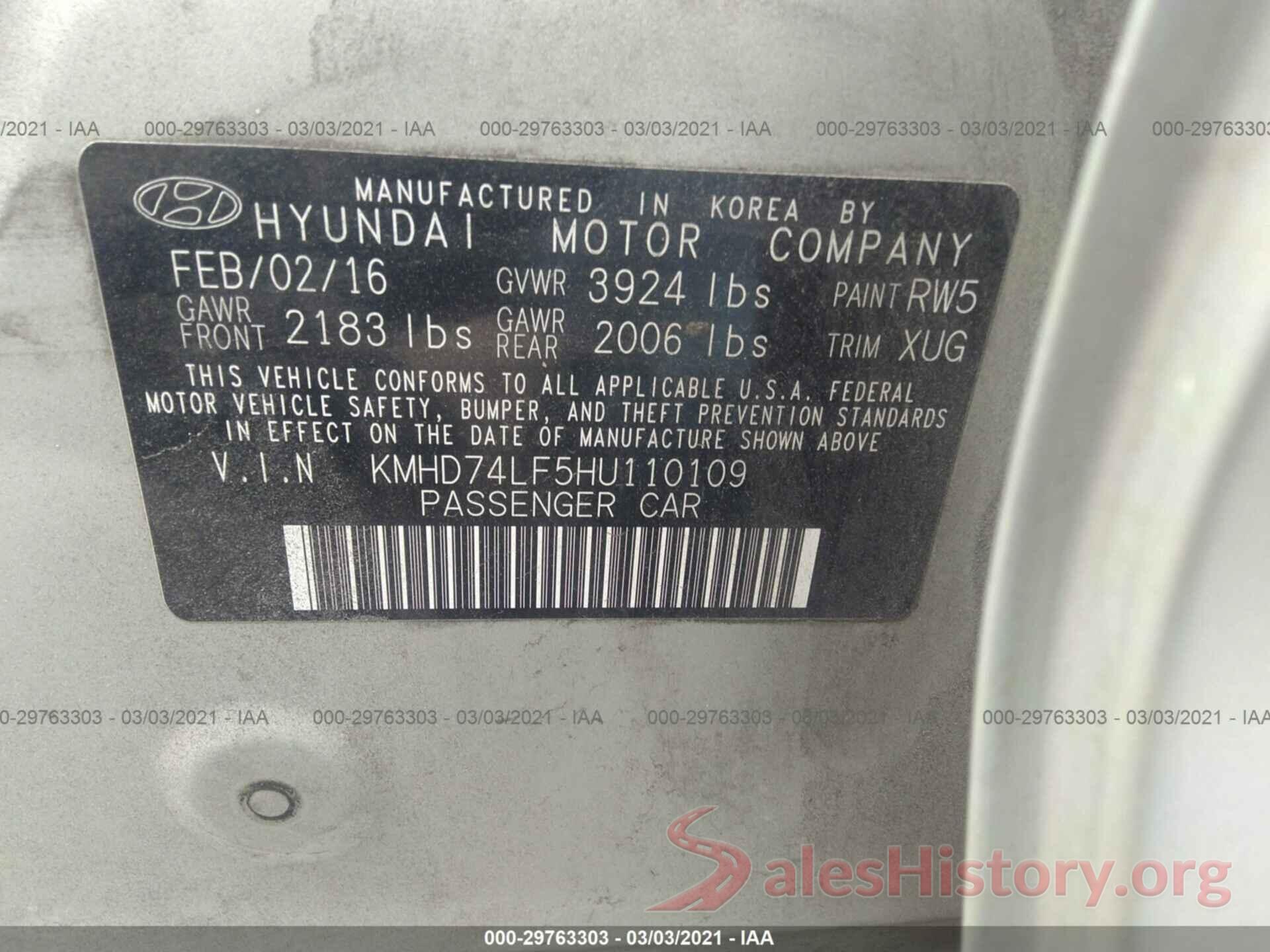 KMHD74LF5HU110109 2017 HYUNDAI ELANTRA