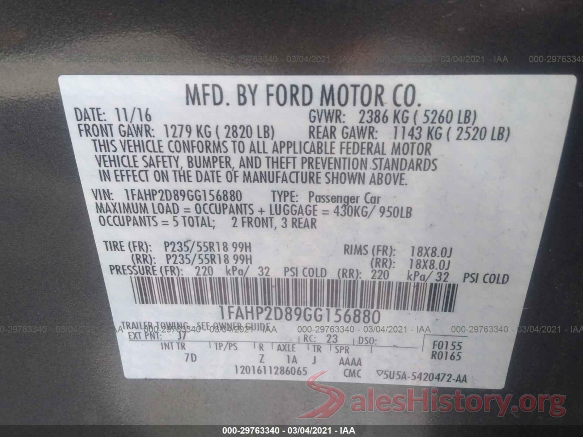 1FAHP2D89GG156880 2016 FORD TAURUS