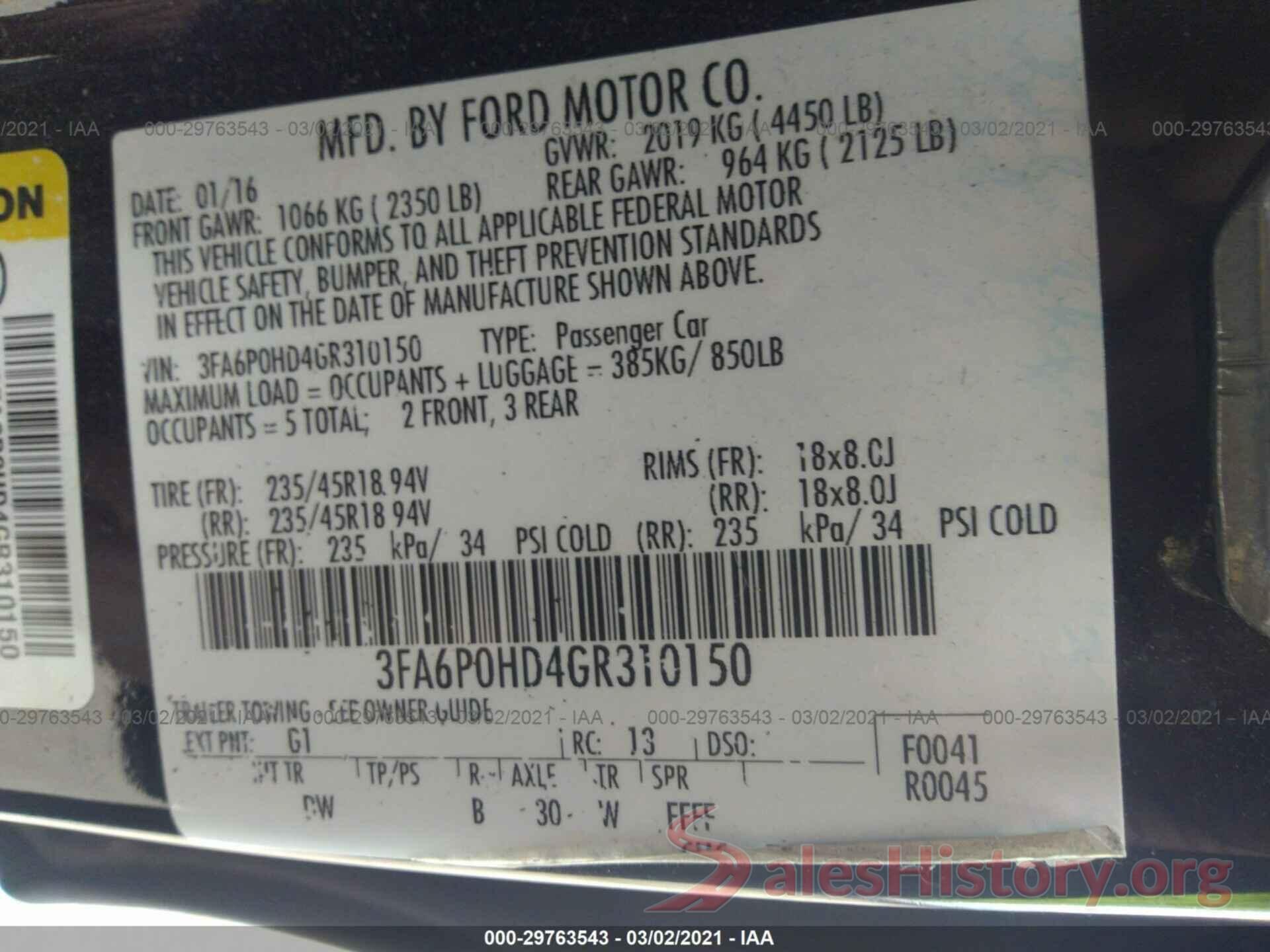 3FA6P0HD4GR310150 2016 FORD FUSION