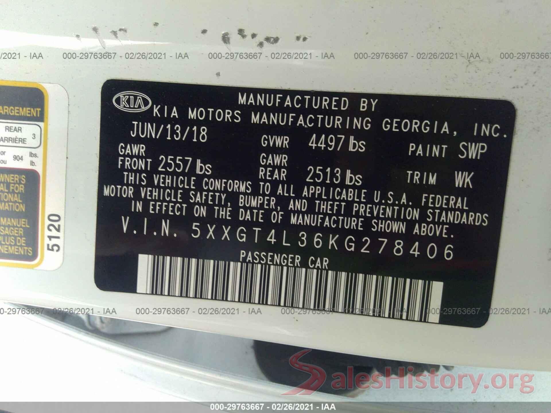 5XXGT4L36KG278406 2019 KIA OPTIMA