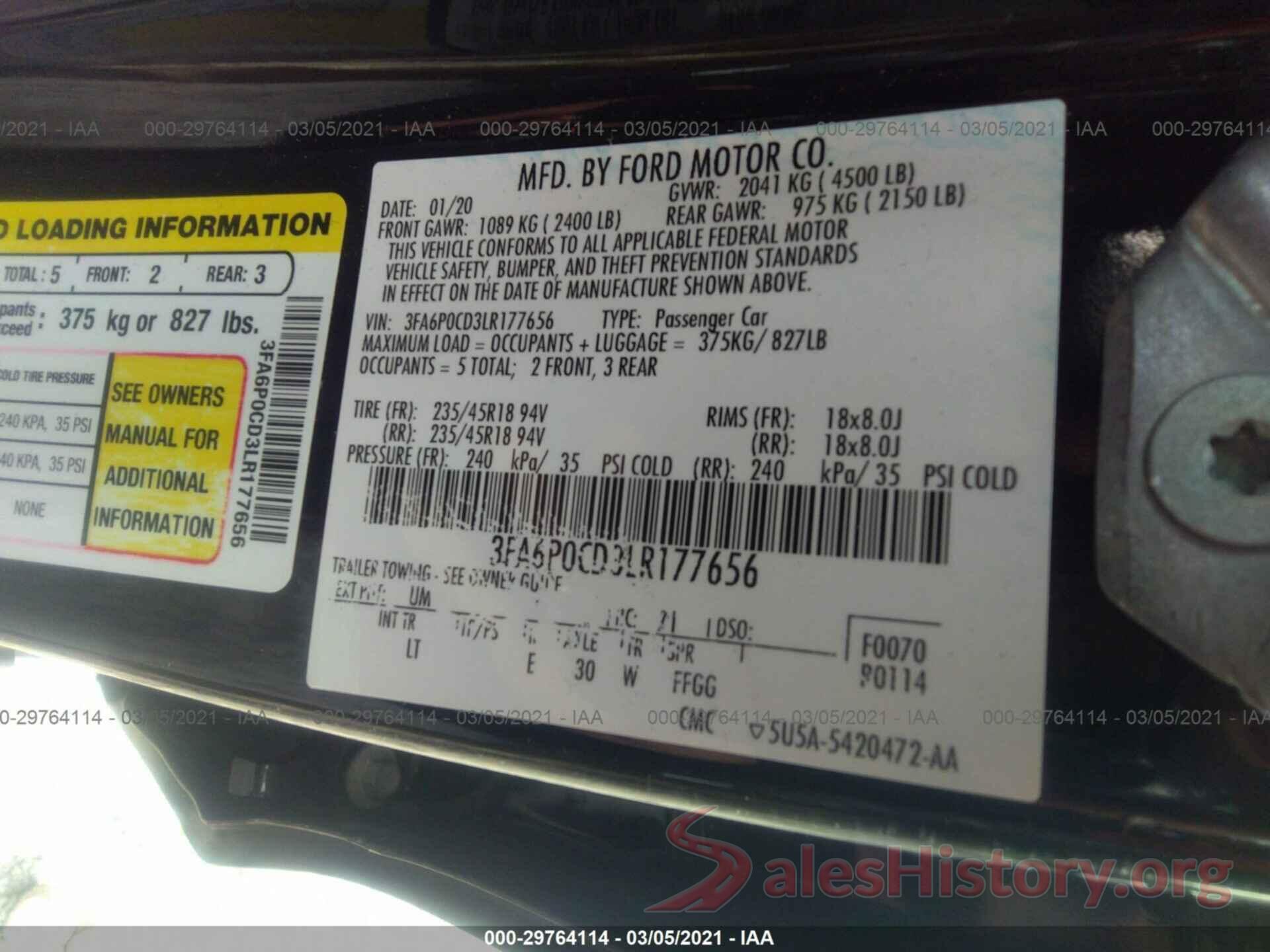 3FA6P0CD3LR177656 2020 FORD FUSION