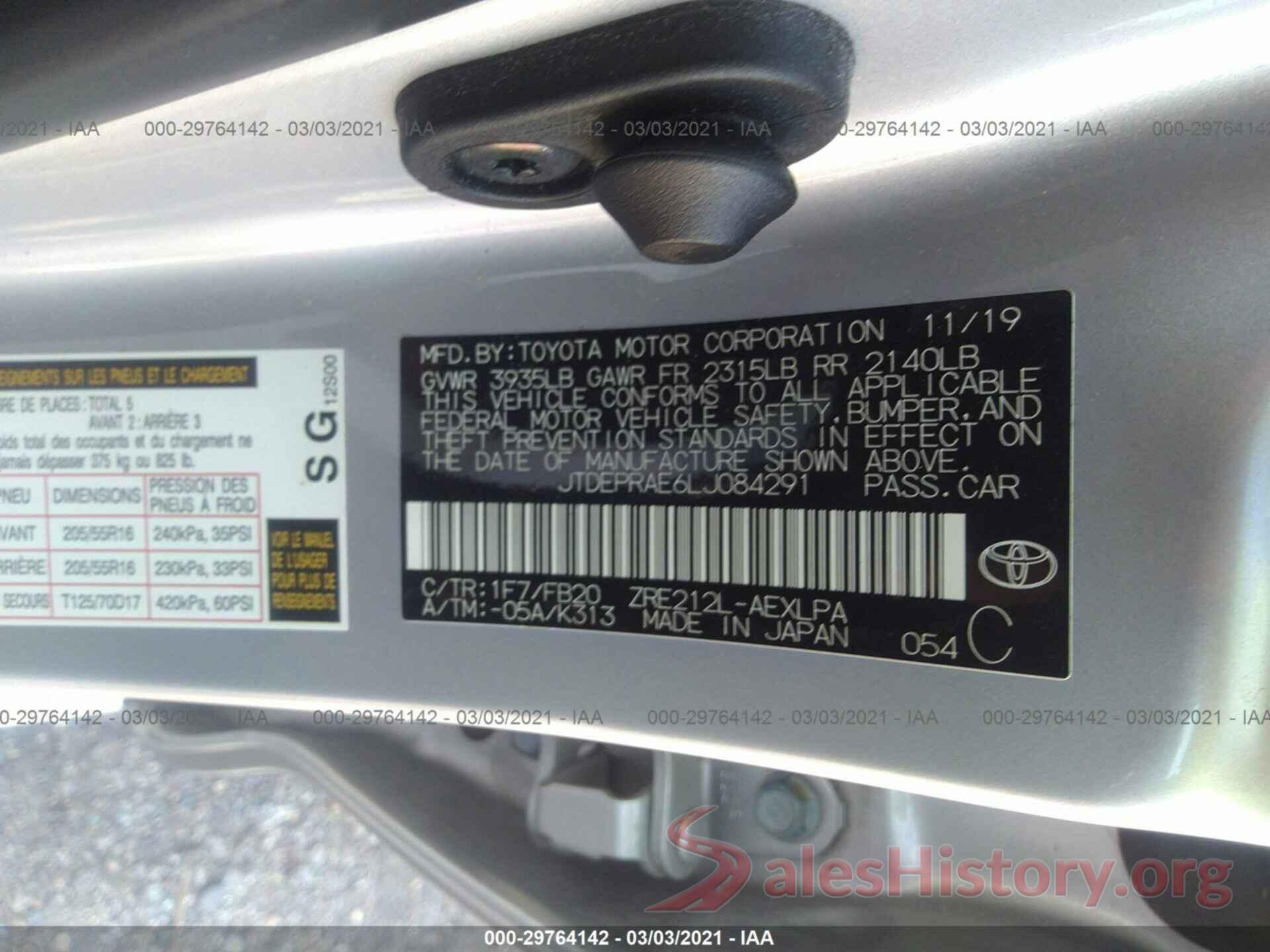 JTDEPRAE6LJ084291 2020 TOYOTA COROLLA