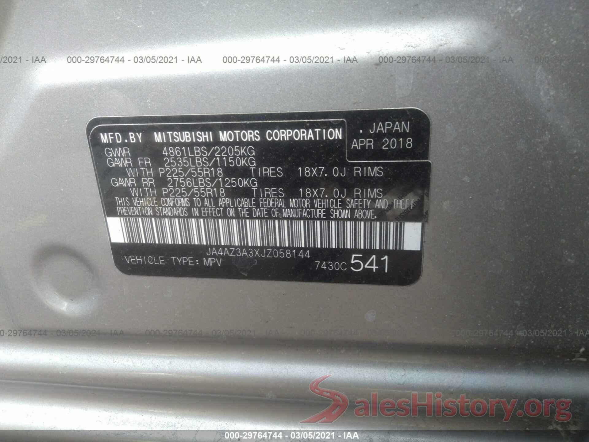 JA4AZ3A3XJZ058144 2018 MITSUBISHI OUTLANDER