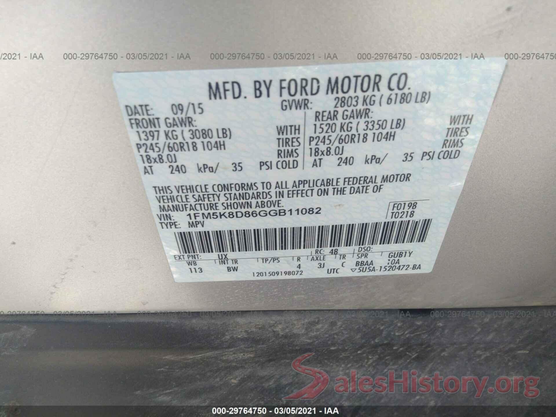 1FM5K8D86GGB11082 2016 FORD EXPLORER