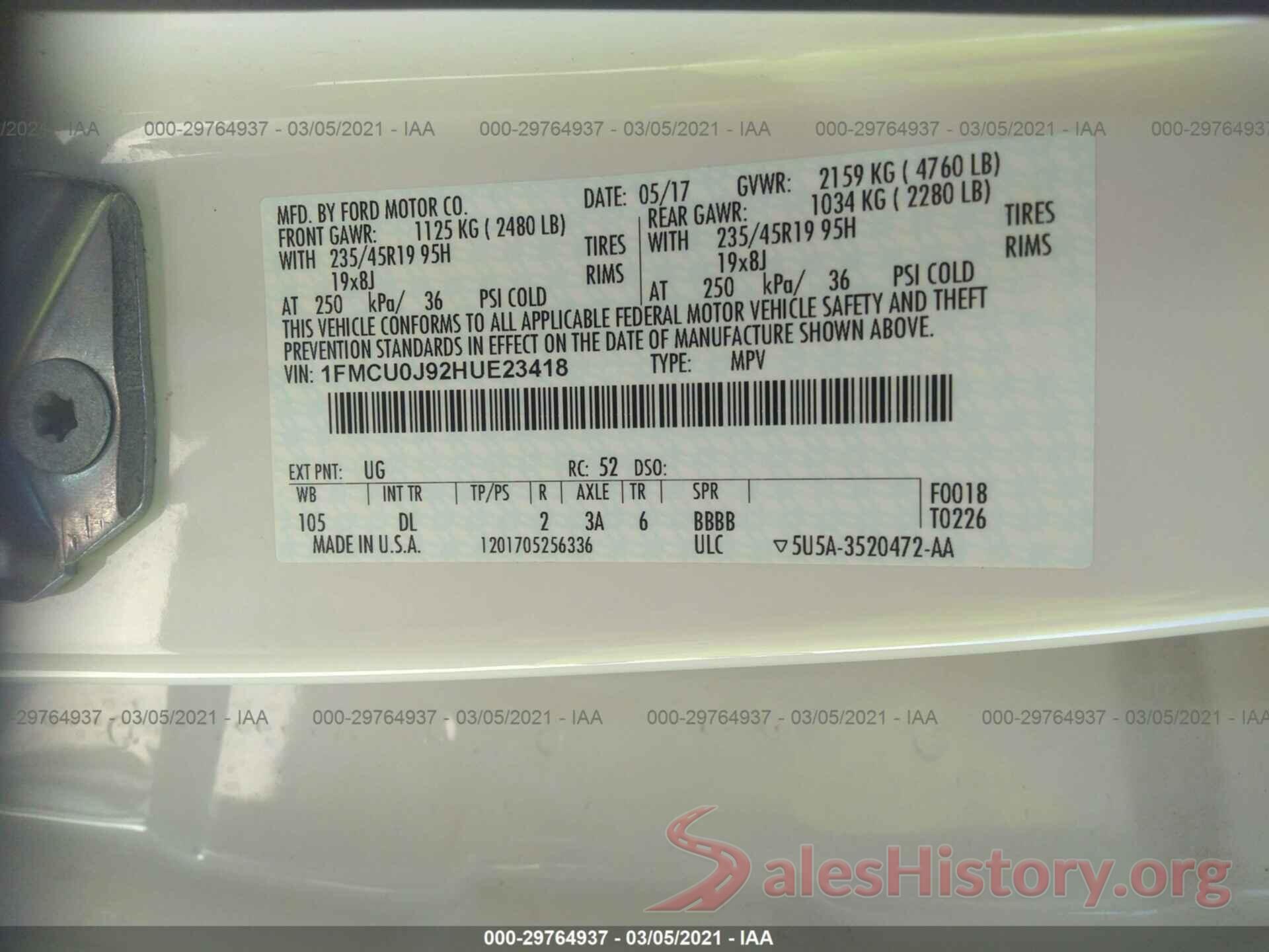 1FMCU0J92HUE23418 2017 FORD ESCAPE