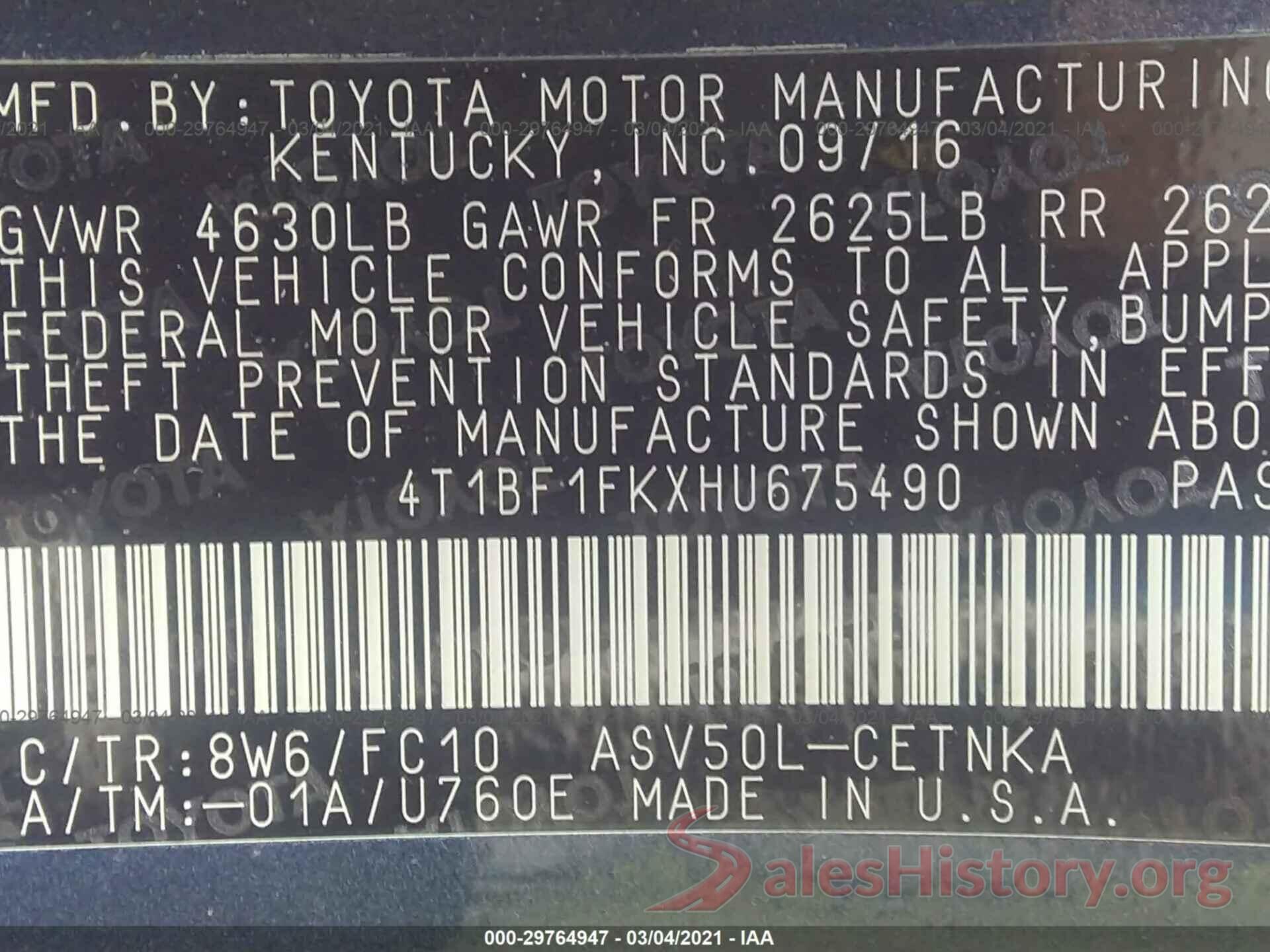 4T1BF1FKXHU675490 2017 TOYOTA CAMRY