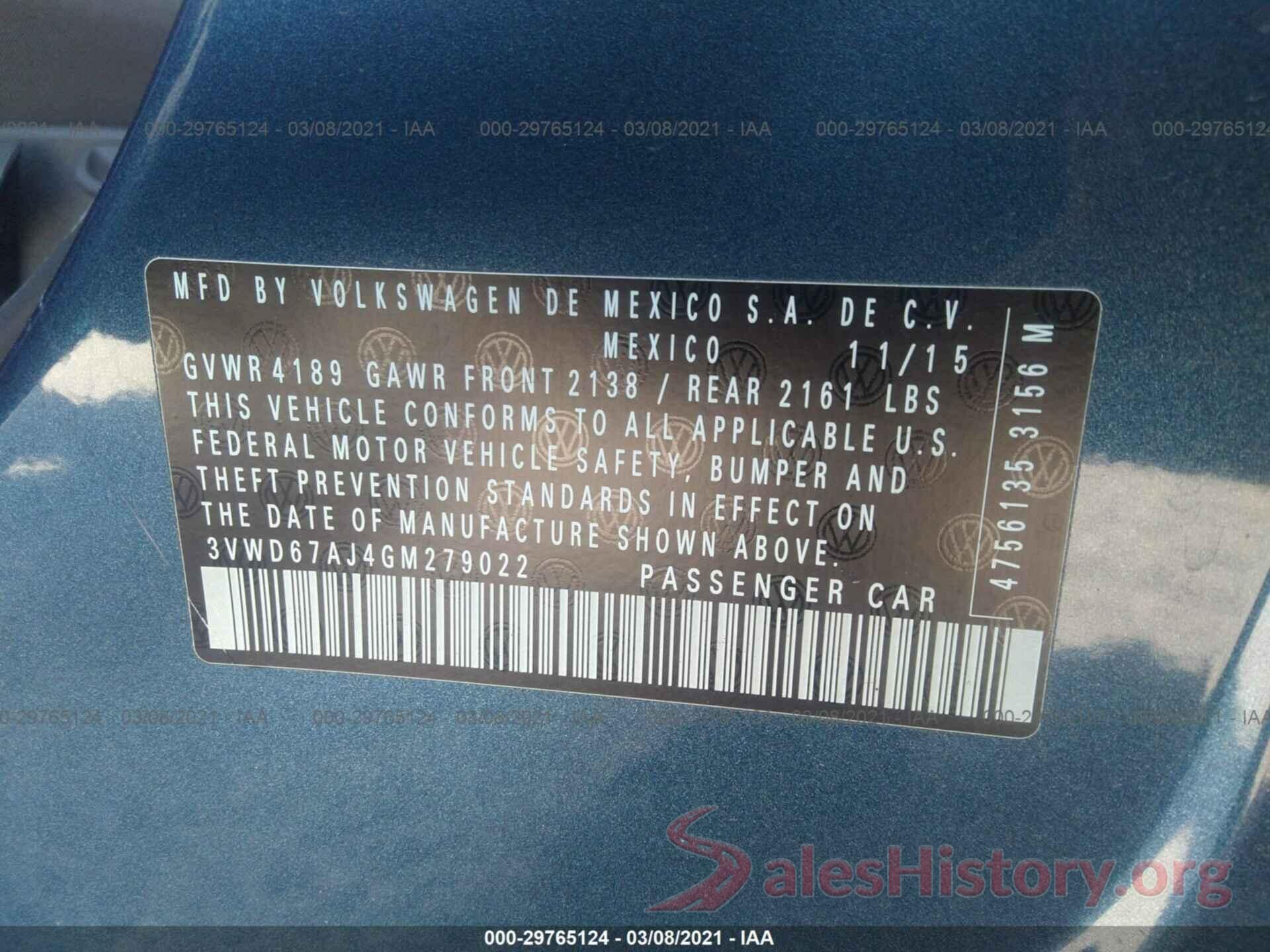 3VWD67AJ4GM279022 2016 VOLKSWAGEN JETTA SEDAN