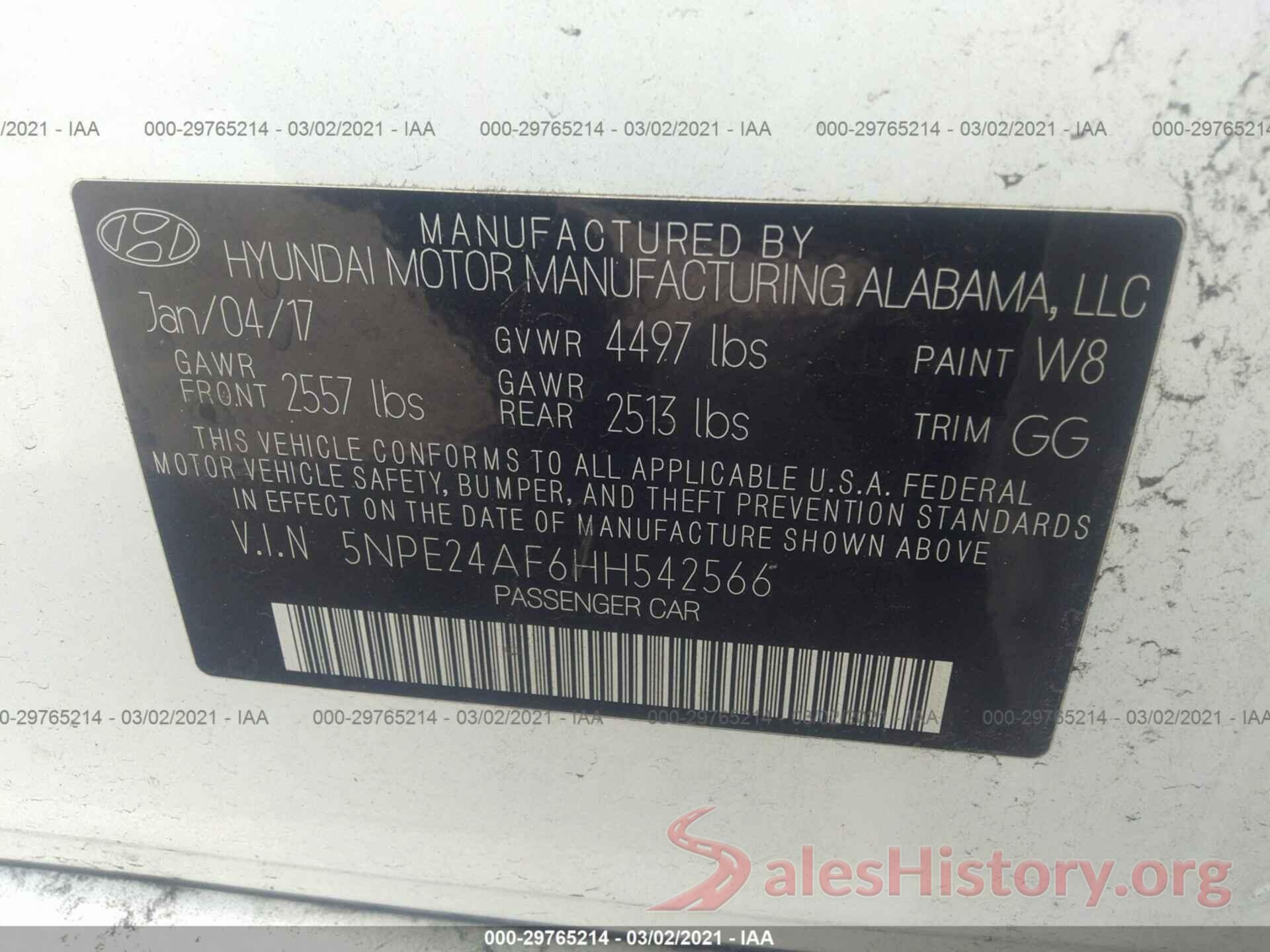 5NPE24AF6HH542566 2017 HYUNDAI SONATA