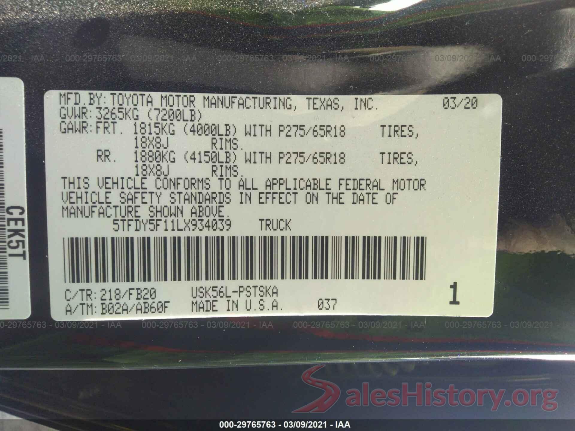 5TFDY5F11LX934039 2020 TOYOTA TUNDRA 4WD