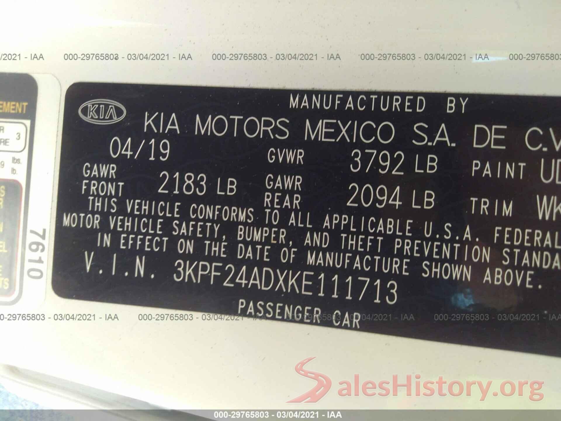 3KPF24ADXKE111713 2019 KIA FORTE