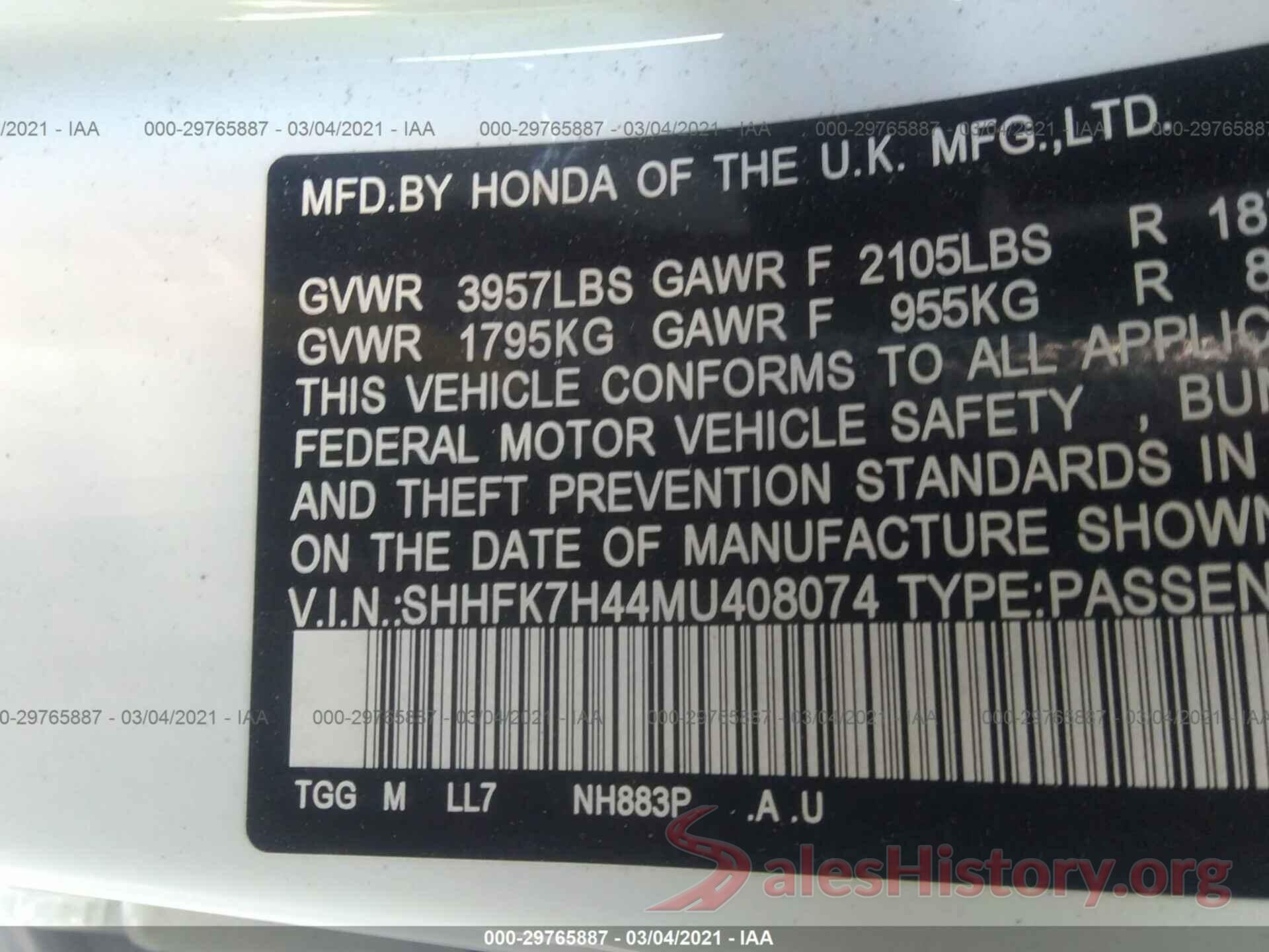 SHHFK7H44MU408074 2021 HONDA CIVIC HATCHBACK