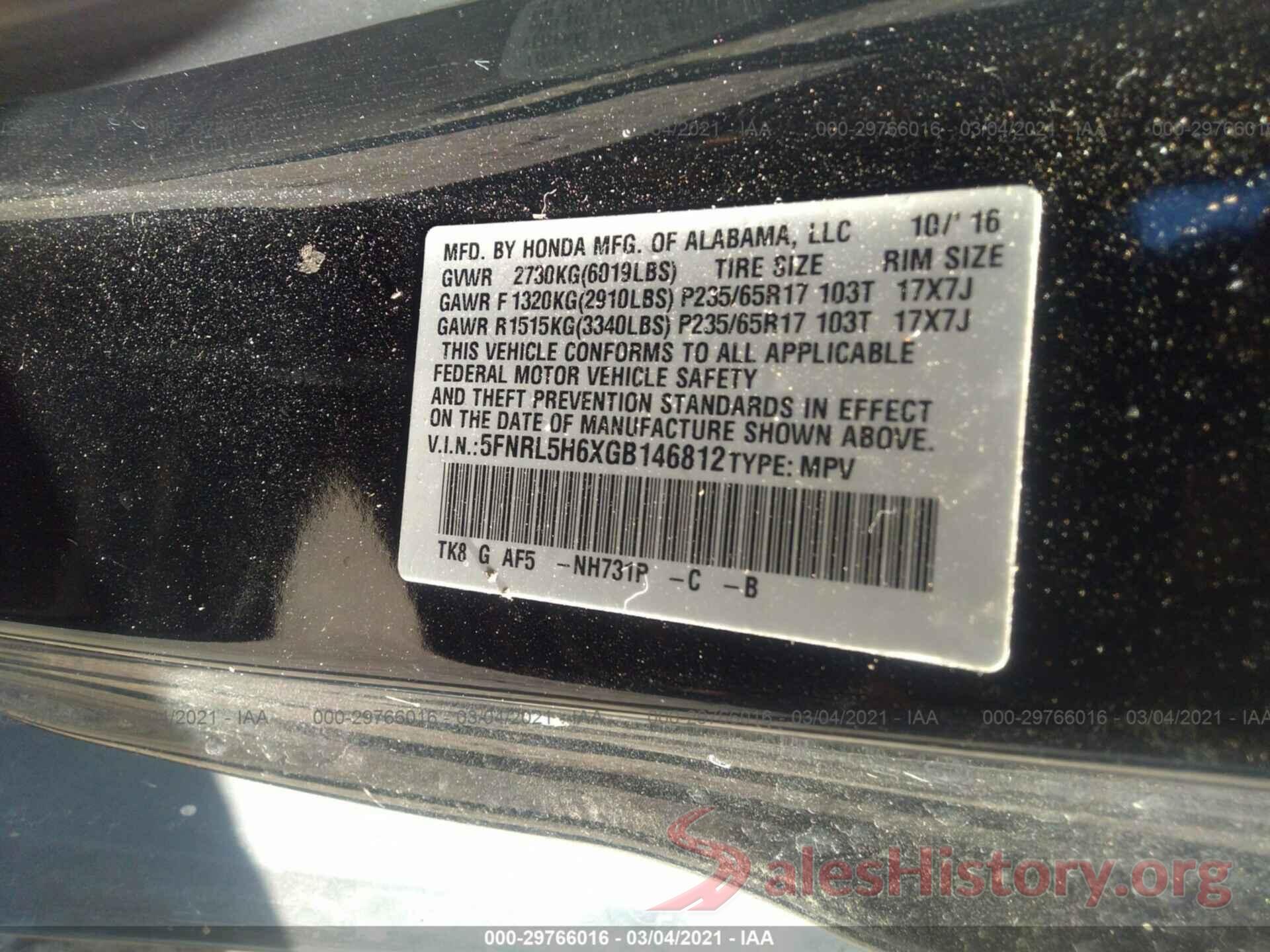 5FNRL5H6XGB146812 2016 HONDA ODYSSEY