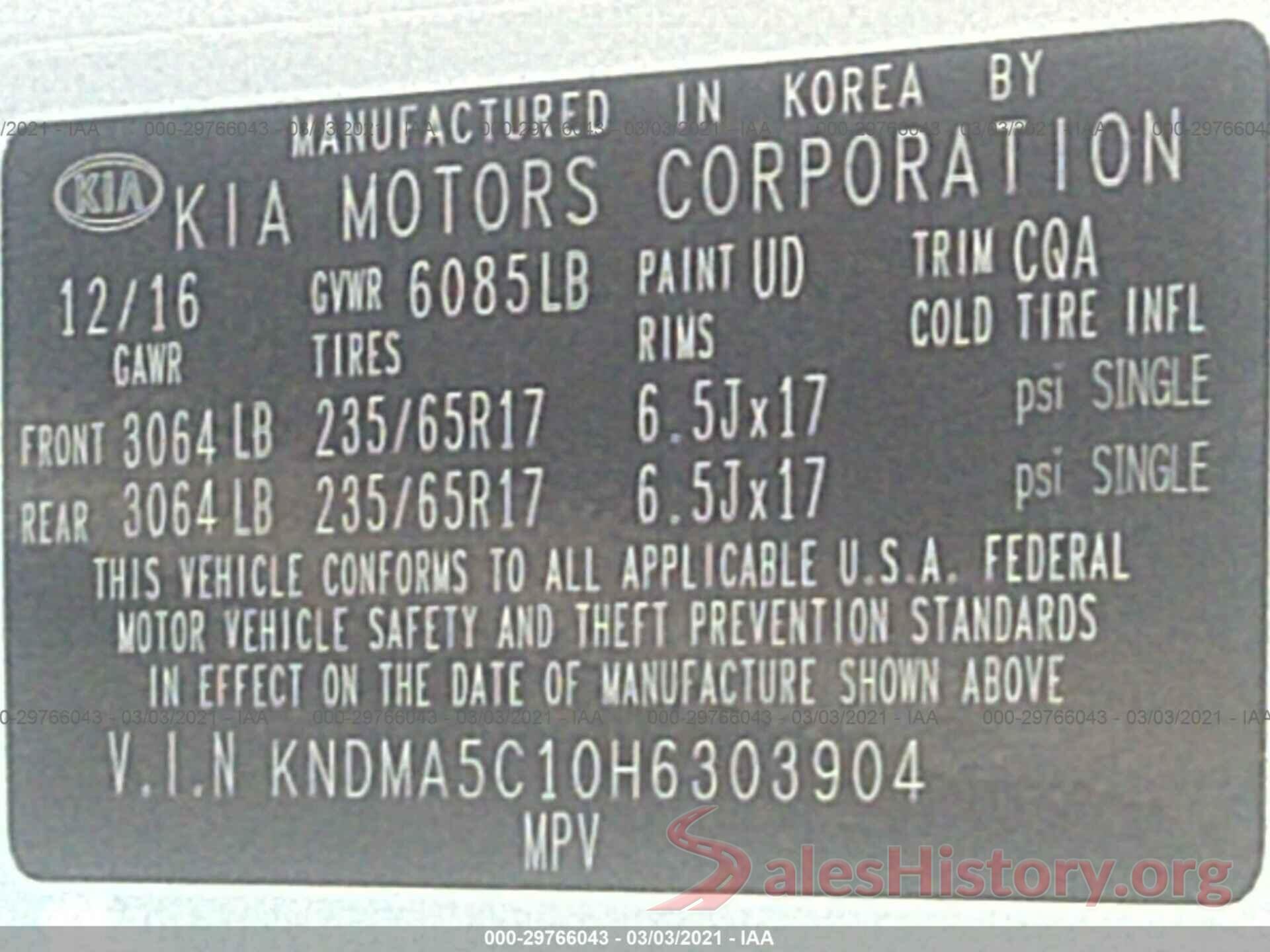 KNDMA5C10H6303904 2017 KIA SEDONA