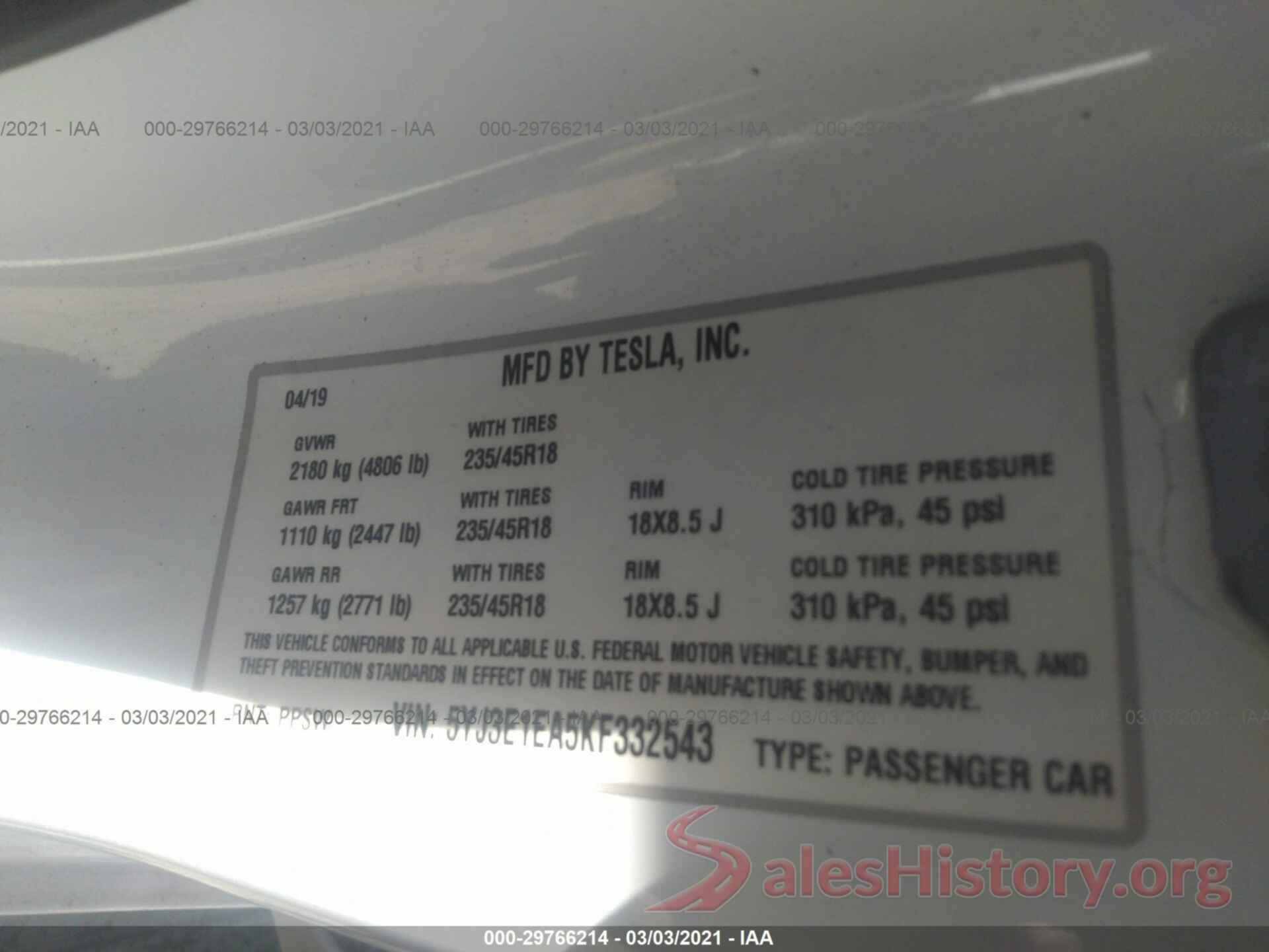 5YJ3E1EA5KF332543 2019 TESLA MODEL 3