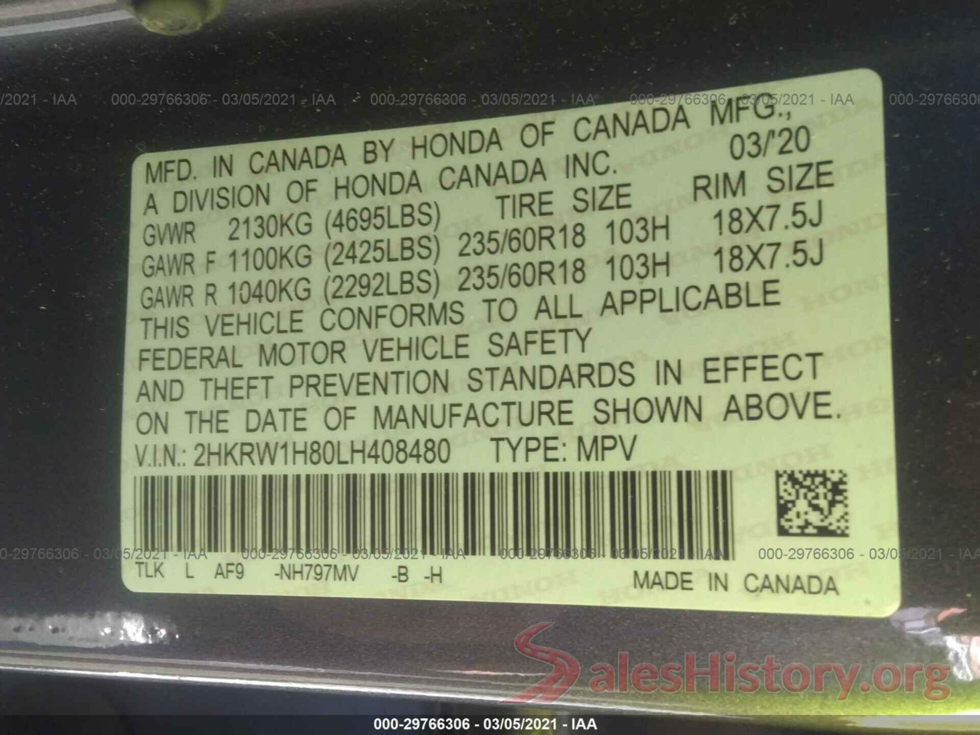 2HKRW1H80LH408480 2020 HONDA CR-V