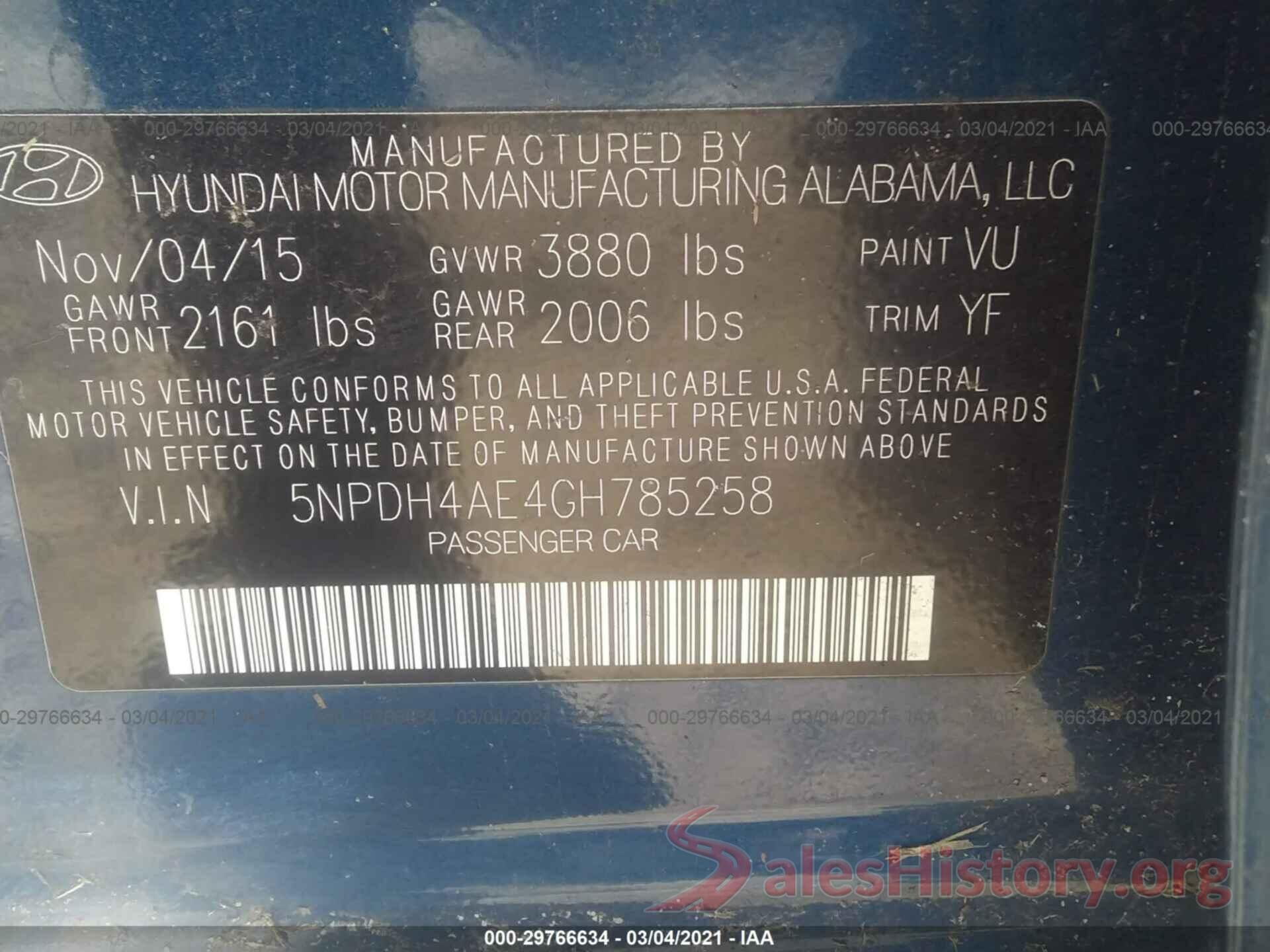 5NPDH4AE4GH785258 2016 HYUNDAI ELANTRA