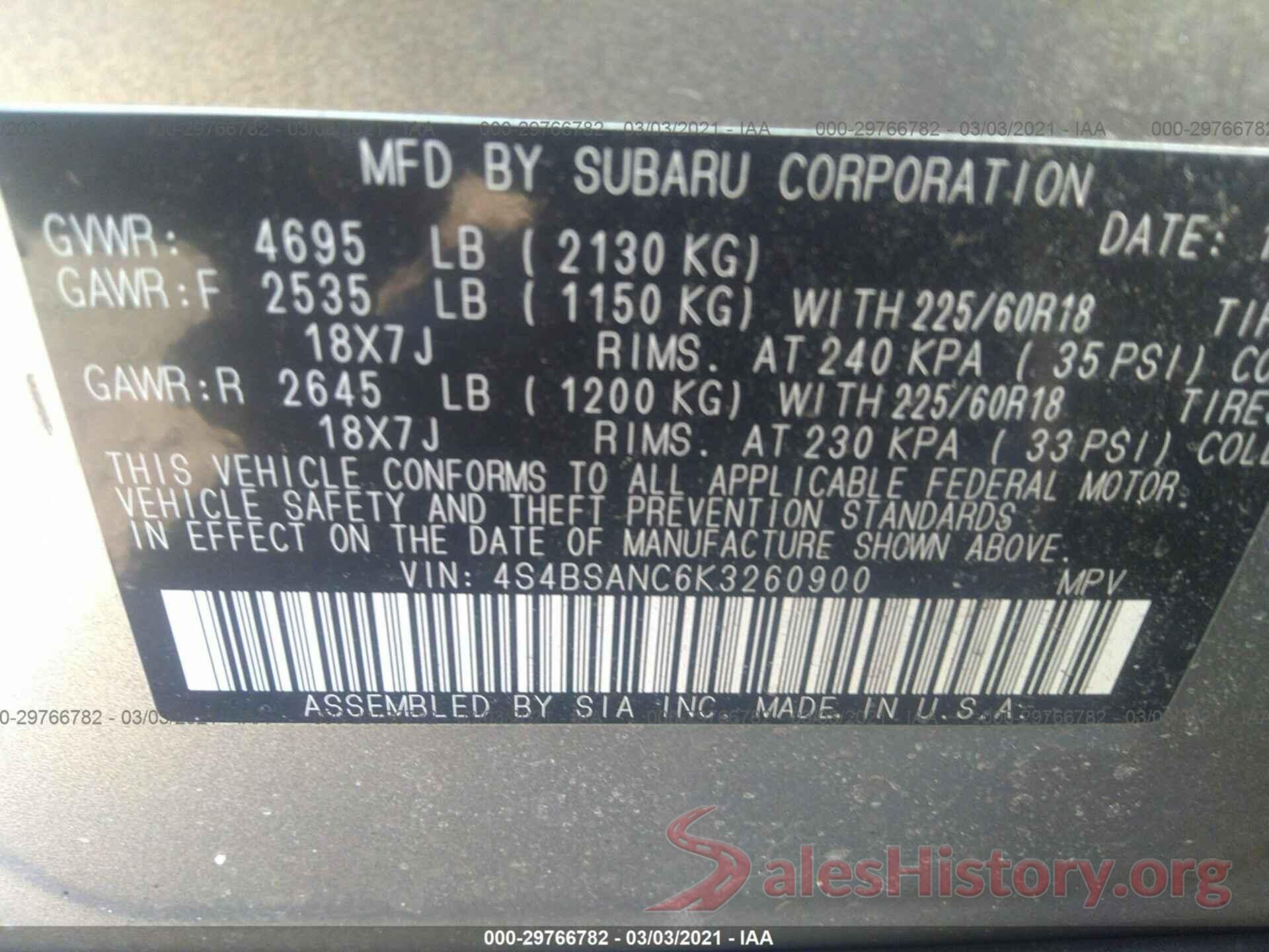 4S4BSANC6K3260900 2019 SUBARU OUTBACK