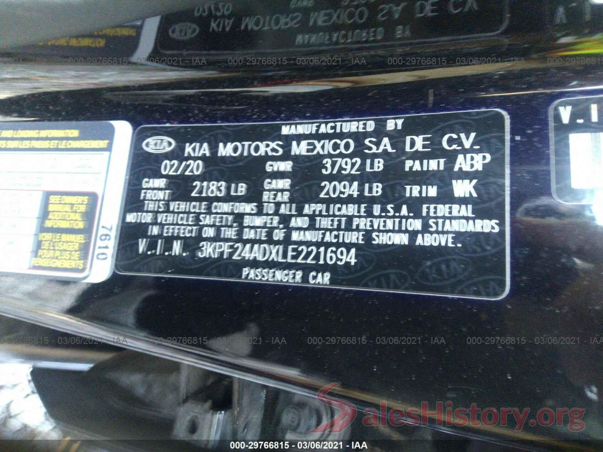 3KPF24ADXLE221694 2020 KIA FORTE