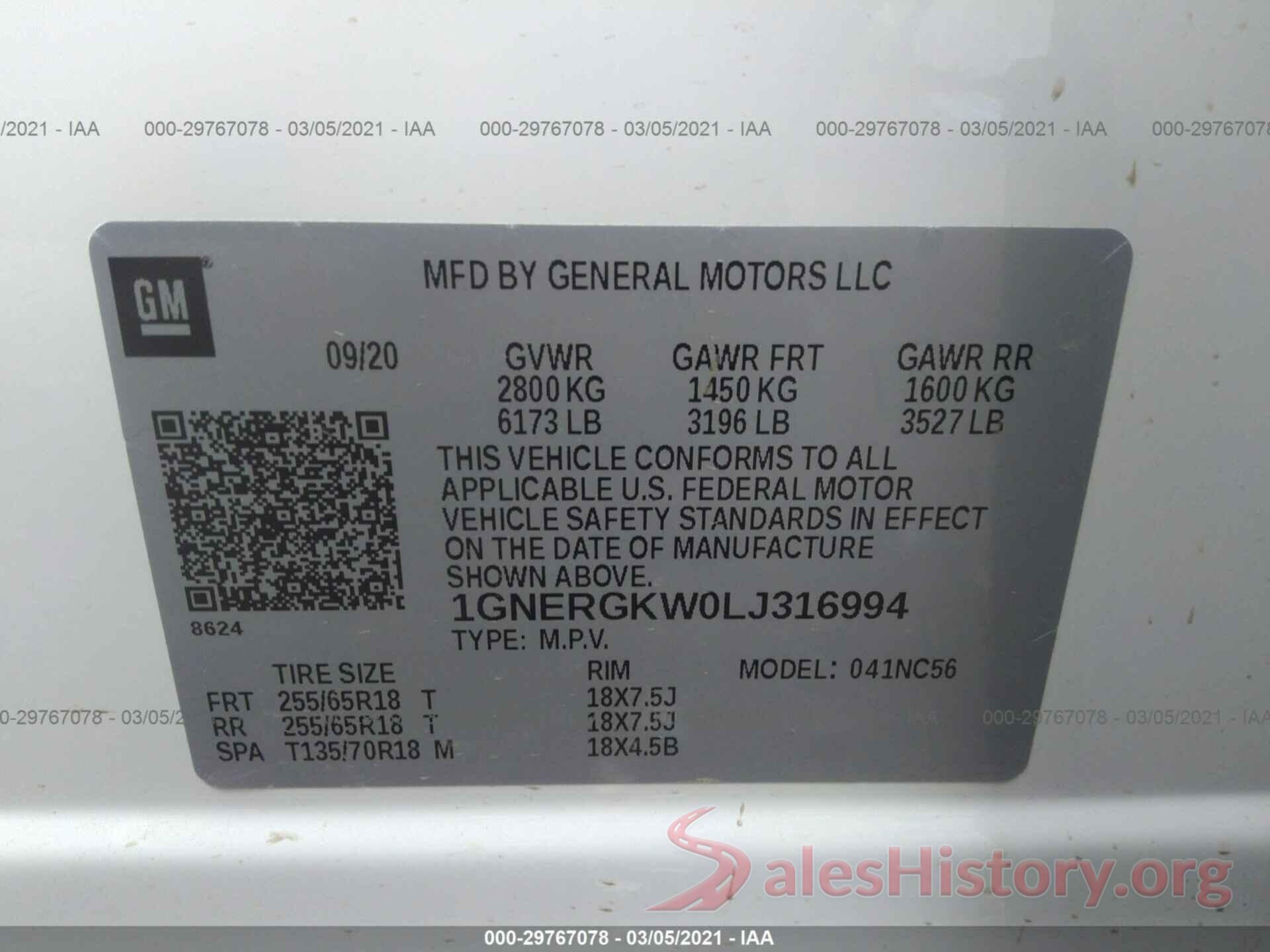 1GNERGKW0LJ316994 2020 CHEVROLET TRAVERSE