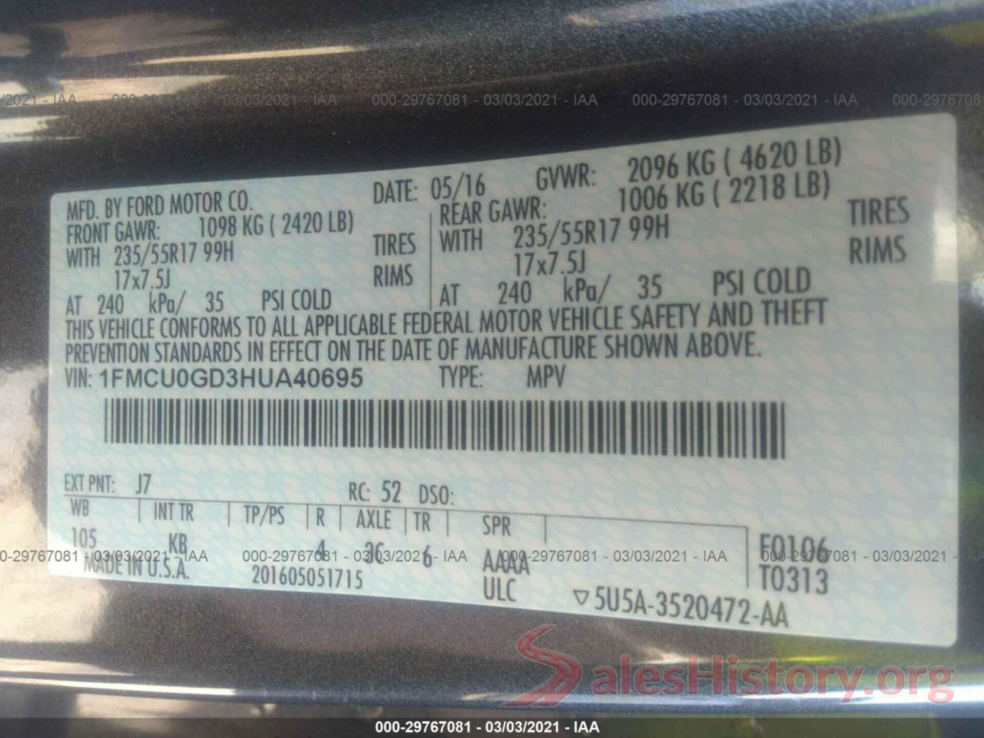 1FMCU0GD3HUA40695 2017 FORD ESCAPE