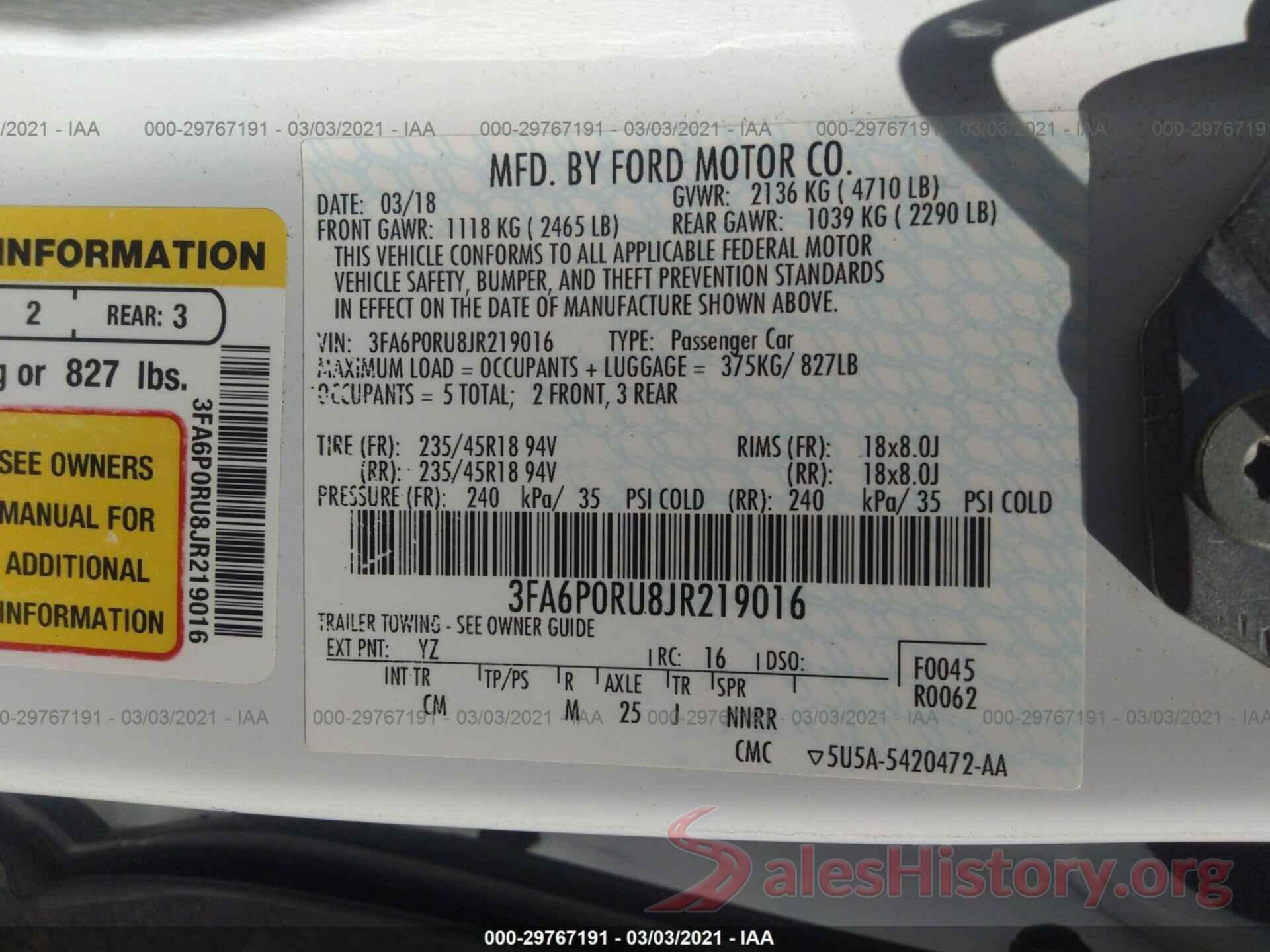 3FA6P0RU8JR219016 2018 FORD FUSION HYBRID