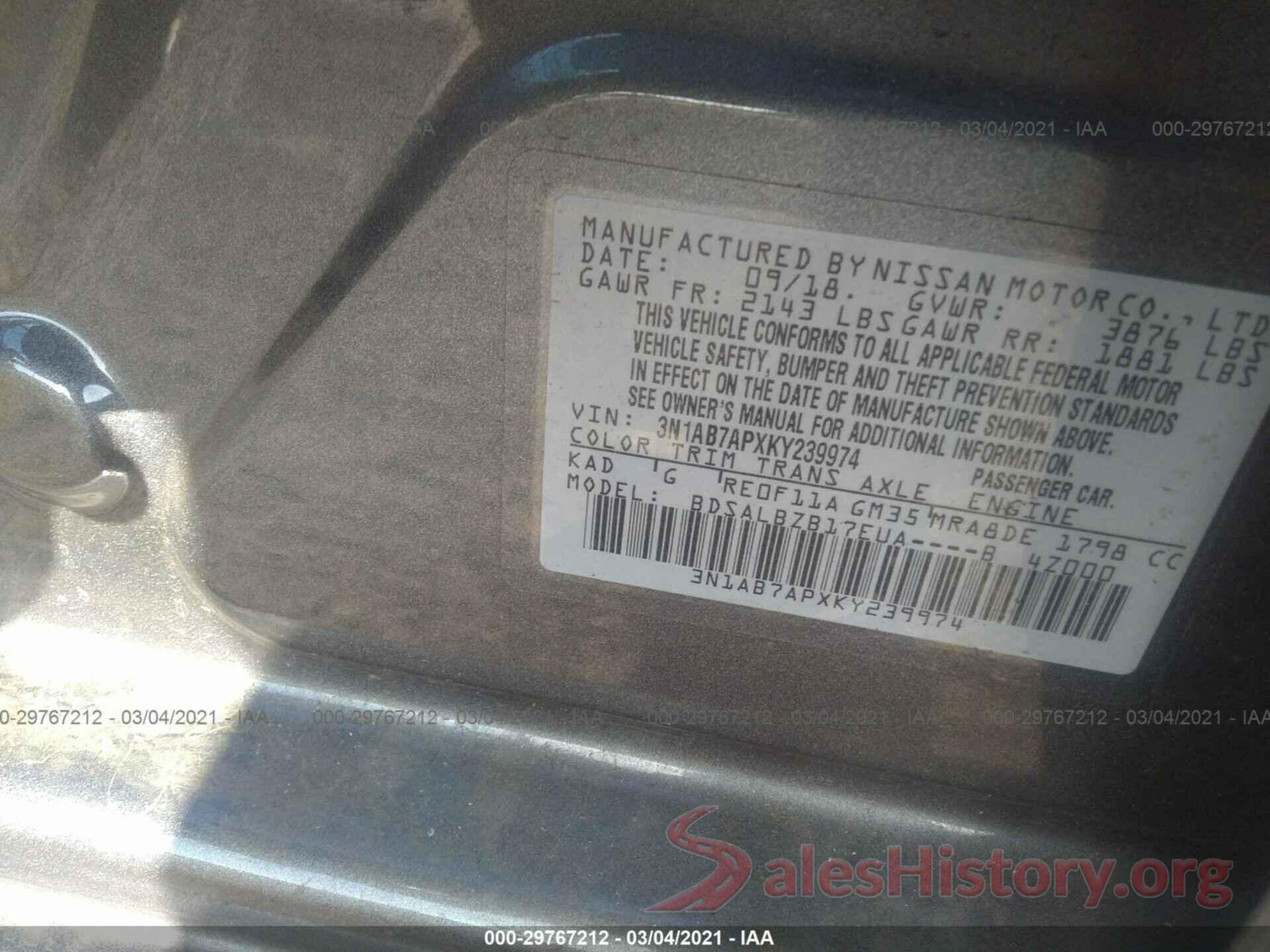 3N1AB7APXKY239974 2019 NISSAN SENTRA