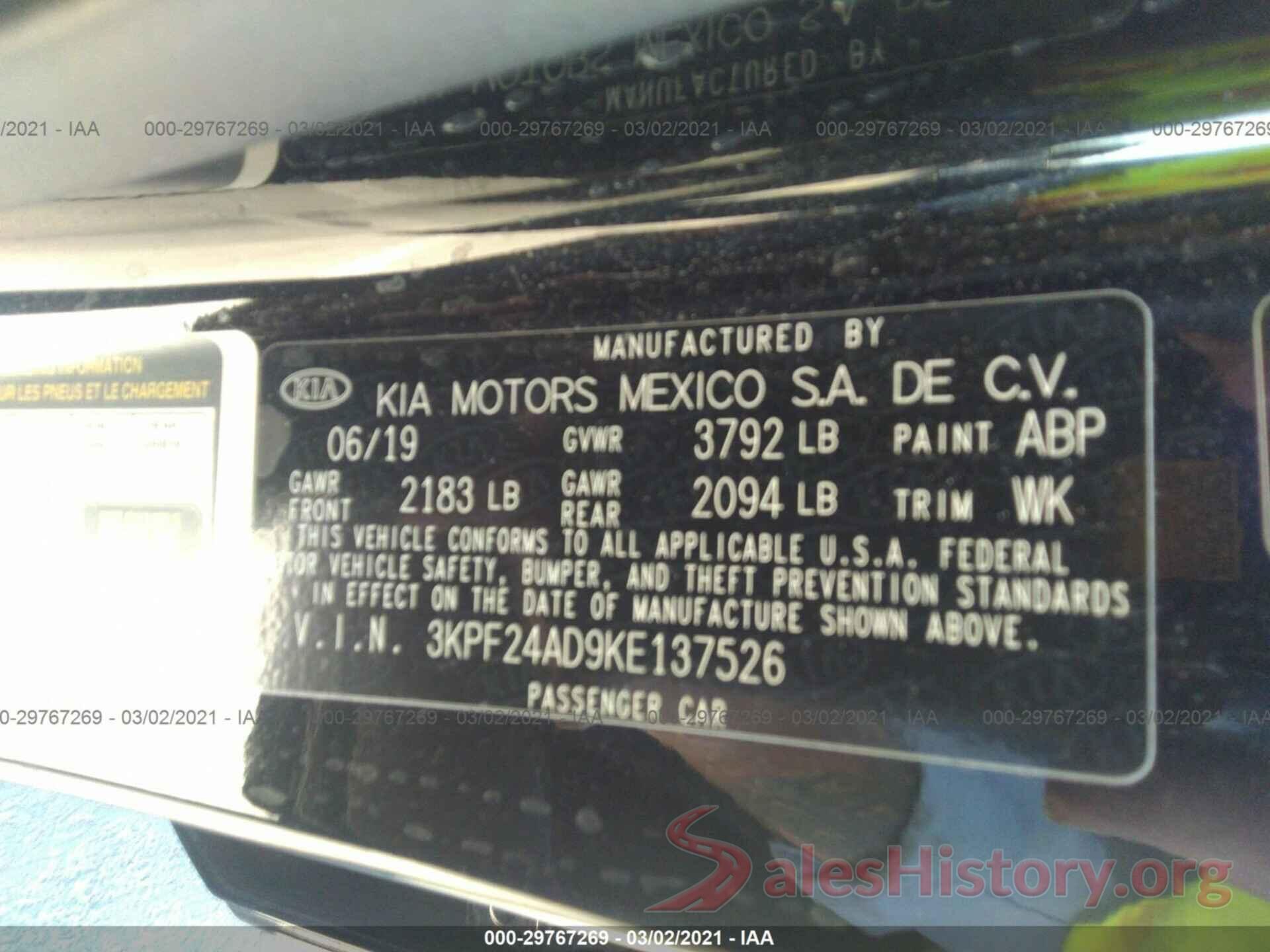 3KPF24AD9KE137526 2019 KIA FORTE