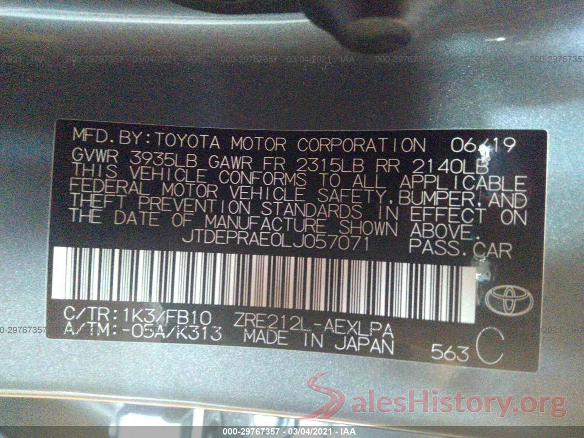 JTDEPRAE0LJ057071 2020 TOYOTA COROLLA