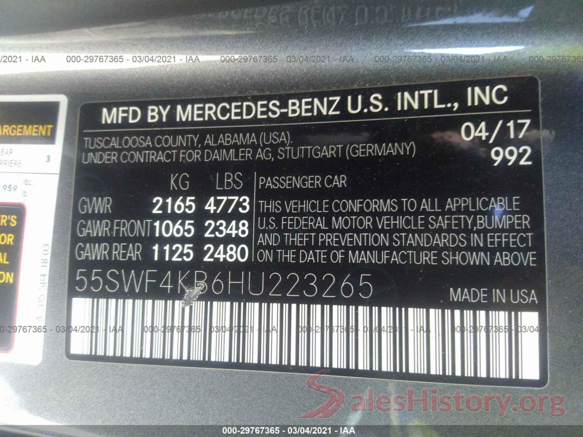 55SWF4KB6HU223265 2017 MERCEDES-BENZ C-CLASS