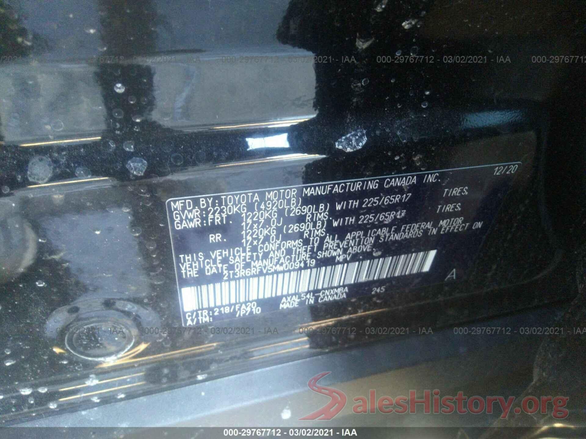 2T3R6RFV5MW009419 2021 TOYOTA RAV4