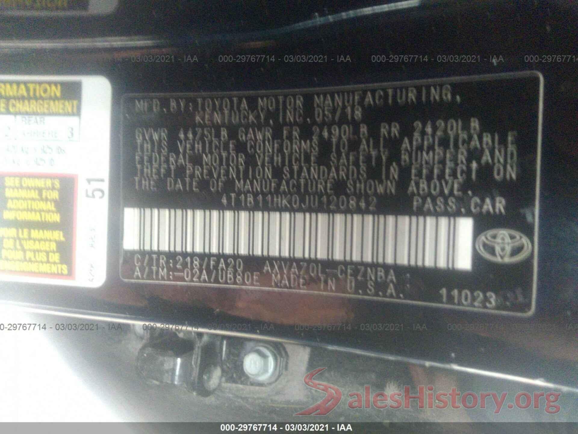 4T1B11HK0JU120842 2018 TOYOTA CAMRY