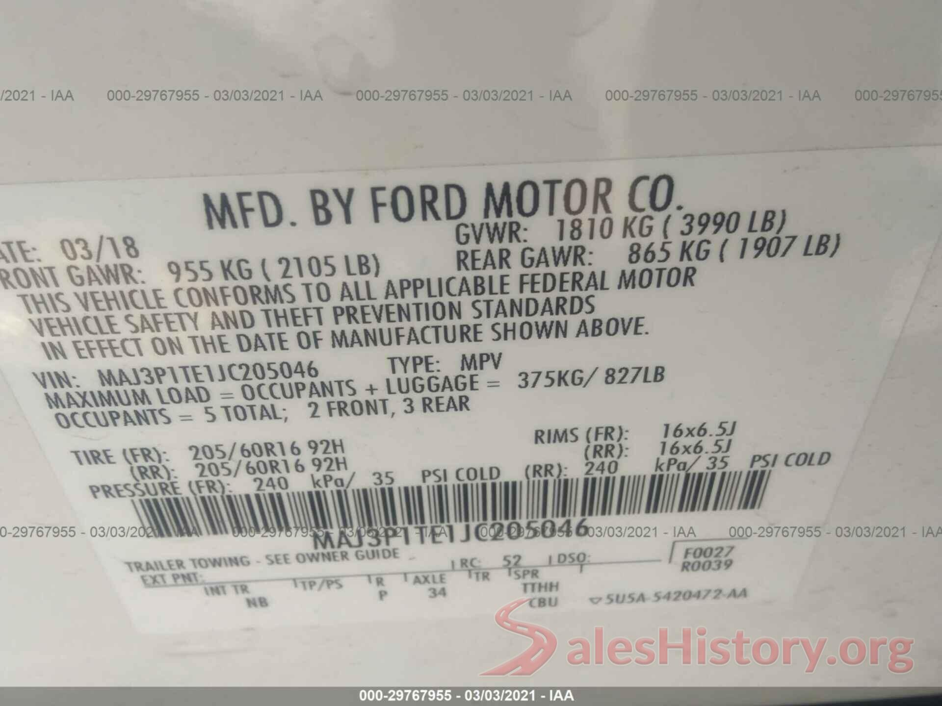 MAJ3P1TE1JC205046 2018 FORD ECOSPORT