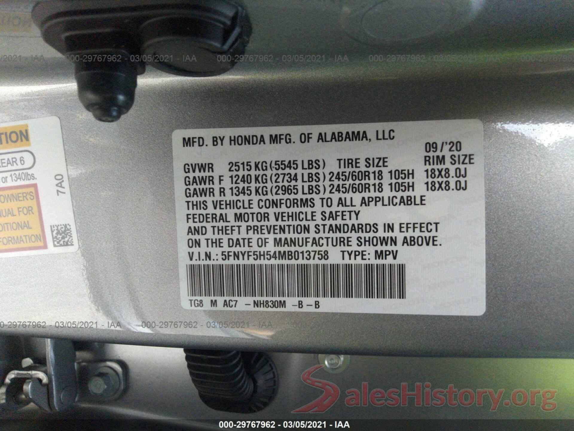 5FNYF5H54MB013758 2021 HONDA PILOT