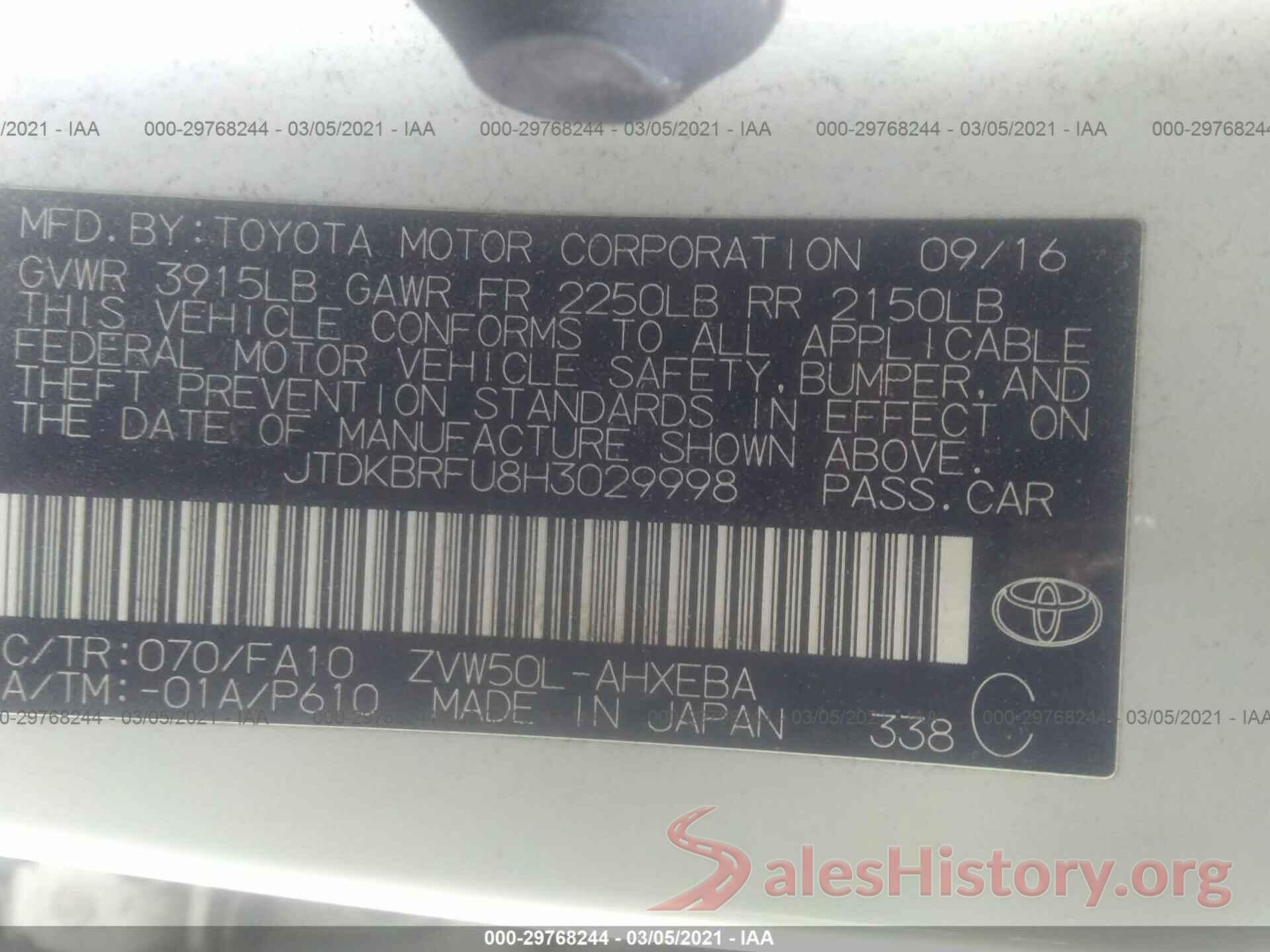 JTDKBRFU8H3029998 2017 TOYOTA PRIUS