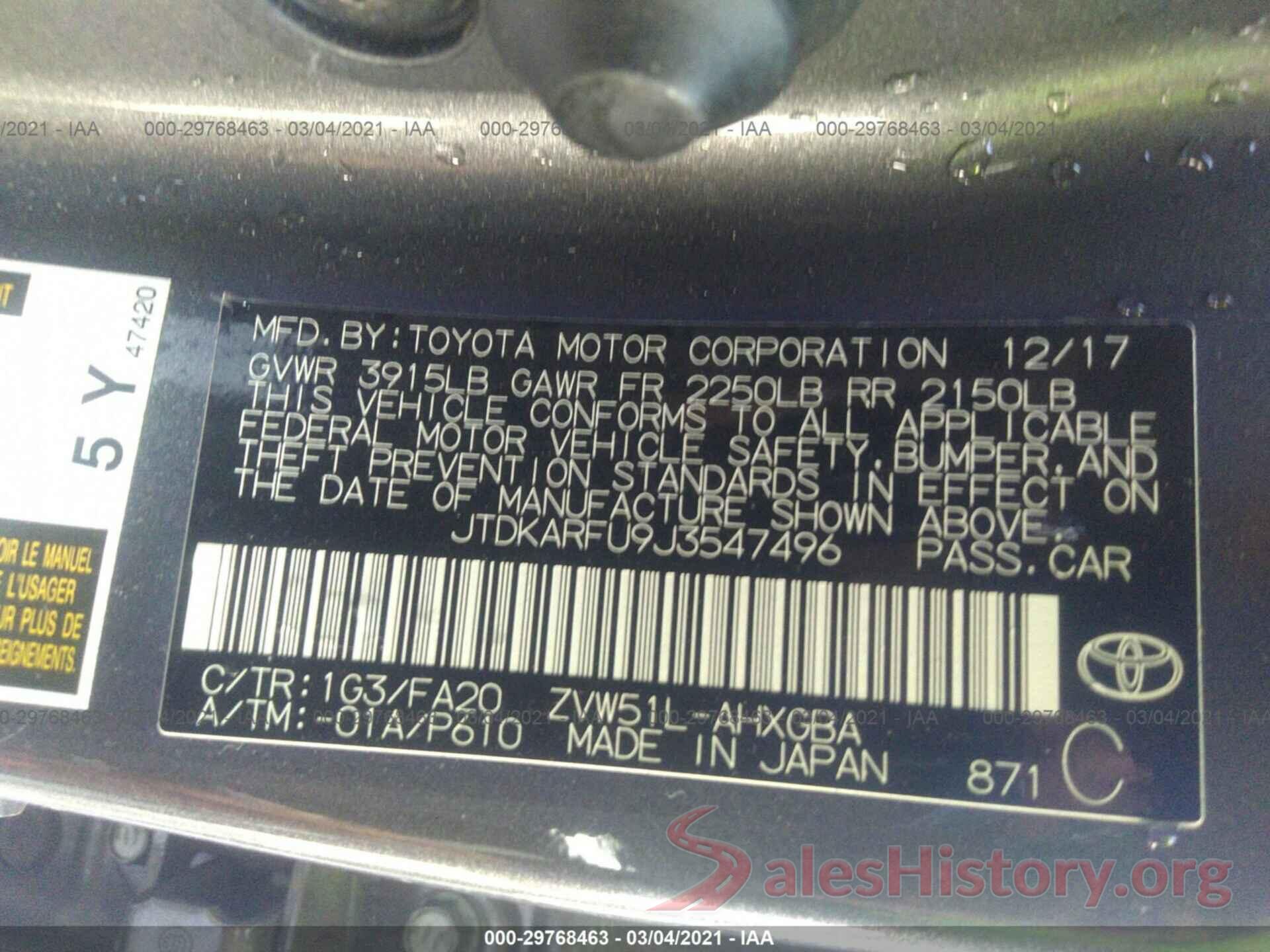 JTDKARFU9J3547496 2018 TOYOTA PRIUS