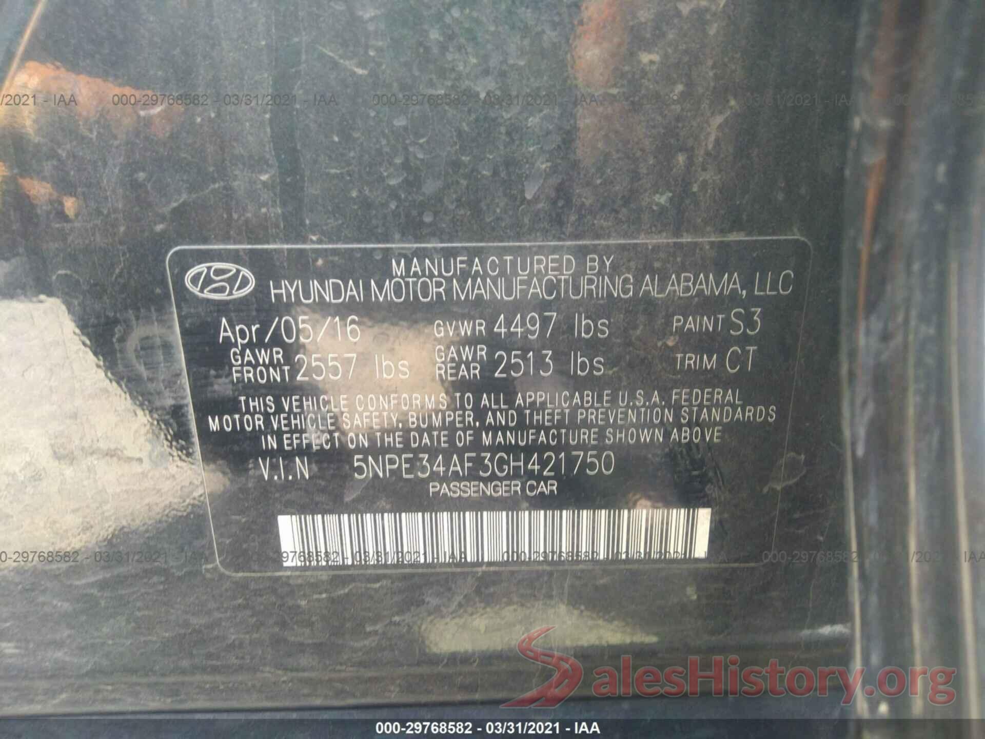 5NPE34AF3GH421750 2016 HYUNDAI SONATA