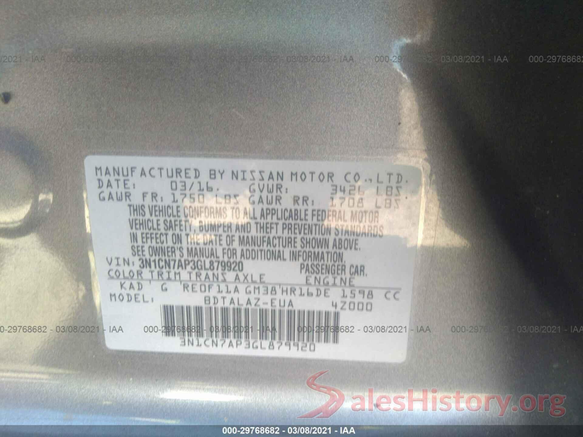 3N1CN7AP3GL879920 2016 NISSAN VERSA