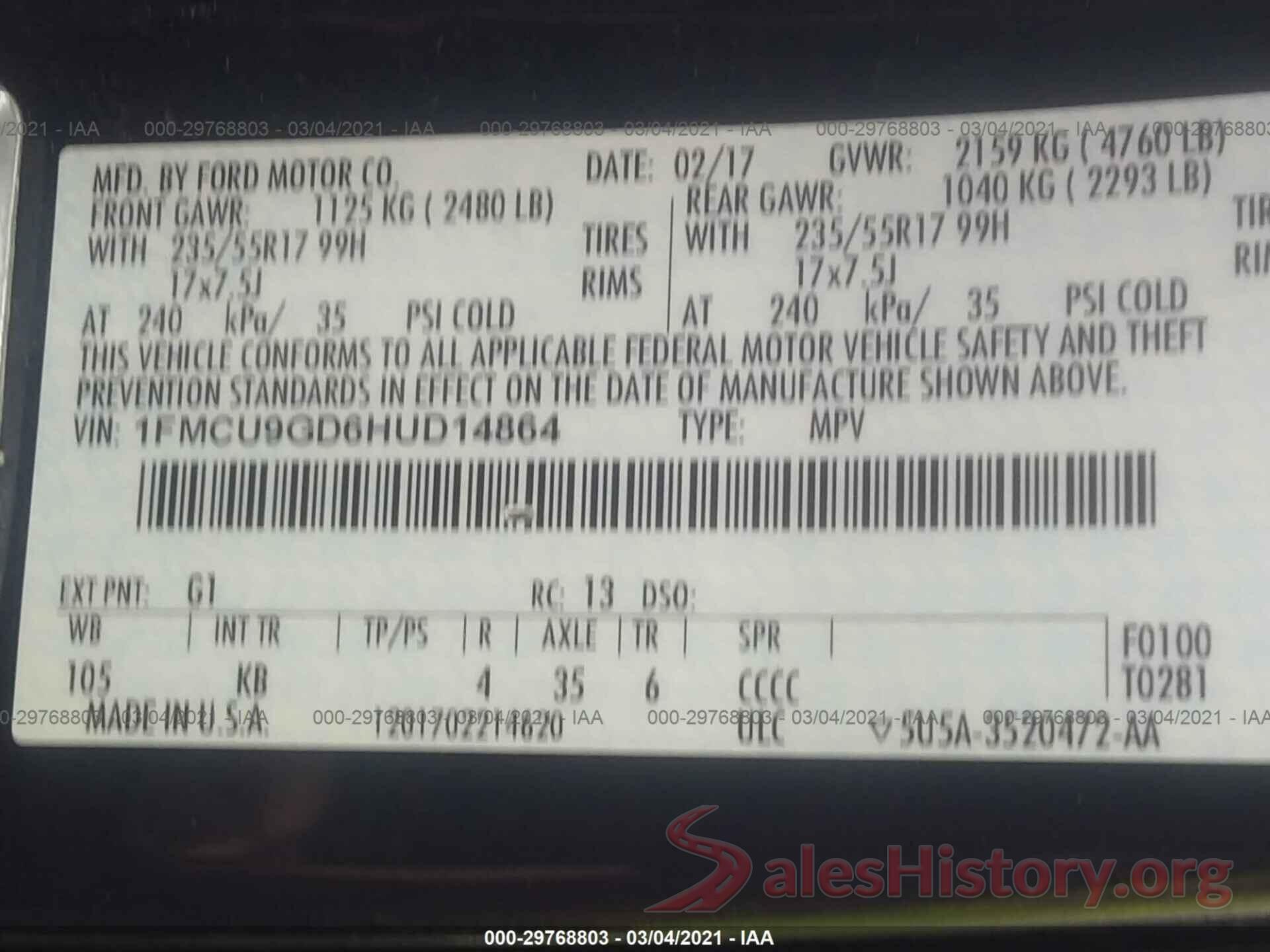 1FMCU9GD6HUD14864 2017 FORD ESCAPE