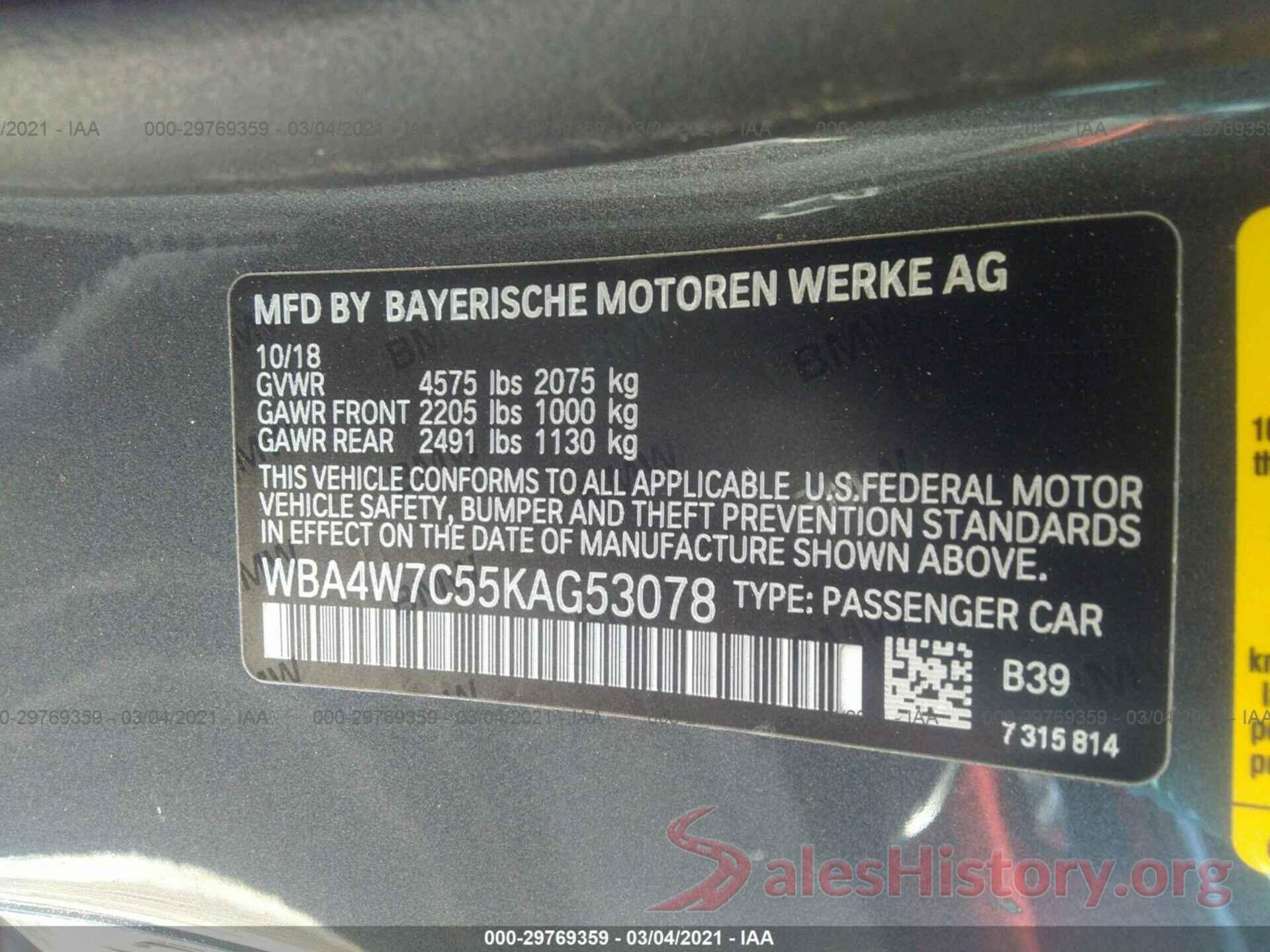 WBA4W7C55KAG53078 2019 BMW 4 SERIES