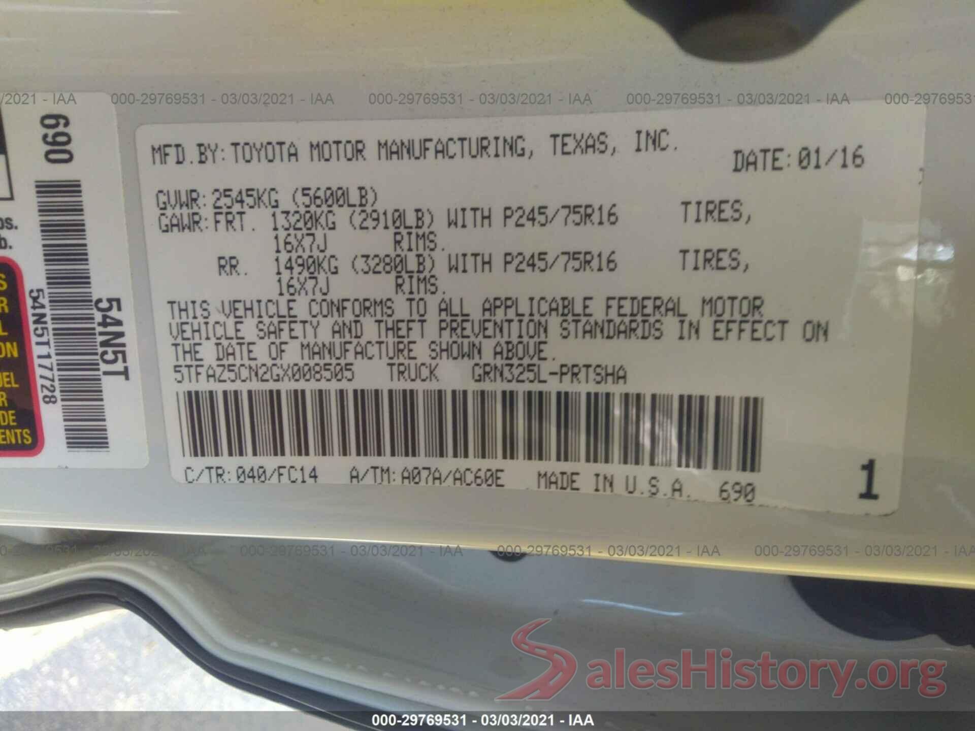 5TFAZ5CN2GX008505 2016 TOYOTA TACOMA